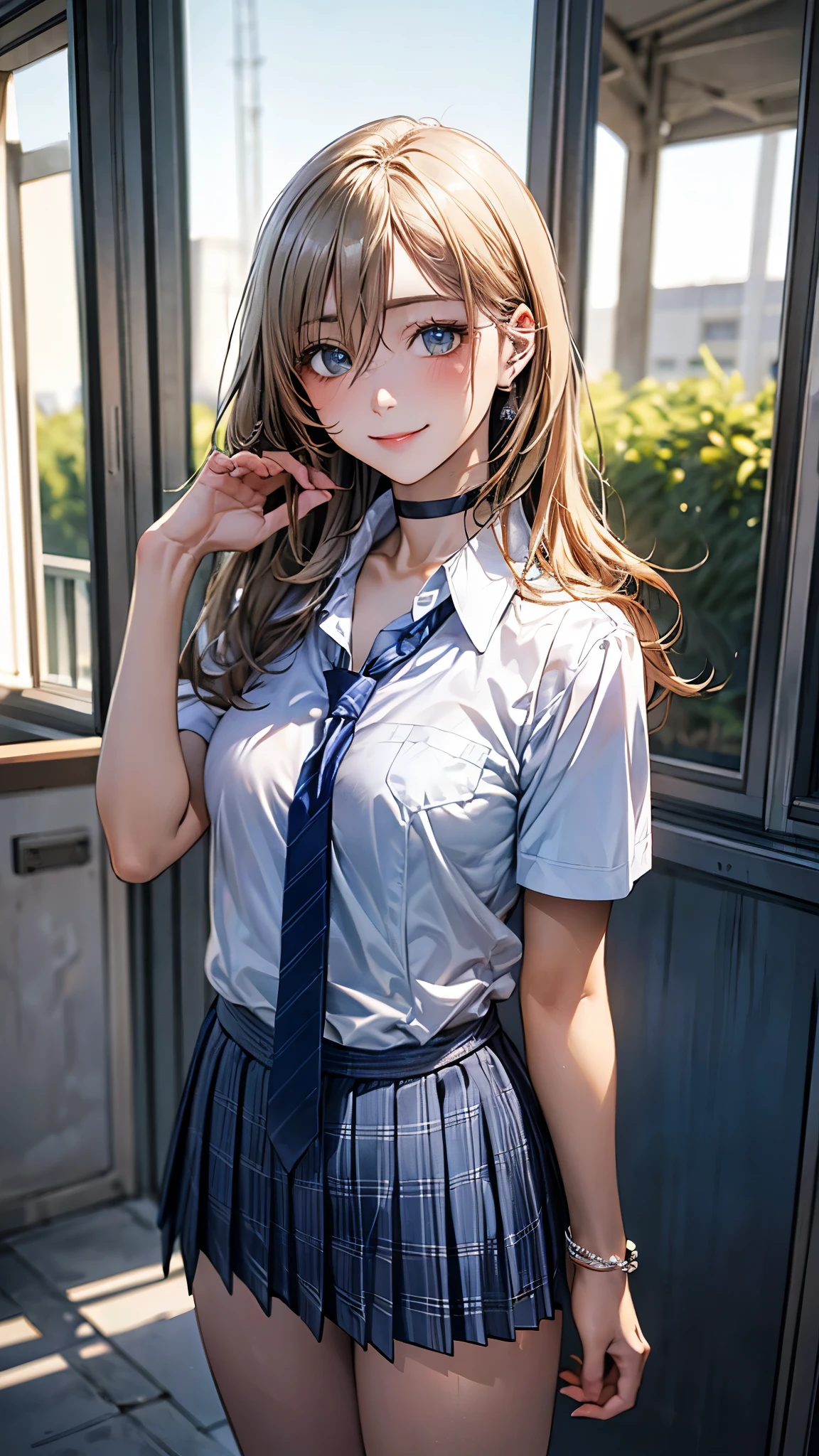 (masterpiece:1.2, top-quality), (realistic, photorealistic:1.4), beautiful illustration, (natural side lighting, movie lighting),
looking at viewer, full body, 1 girl, japanese, high school girl, perfect face, cute and symmetrical face, suntan, shiny skin,
(middle hair:0.8, straight hair:1.4, blond hair), hair between eyes, emerald green eyes, long eye lasher, (large breasts:0.6),
beautiful hair, beautiful face, beautiful detailed eyes, beautiful clavicle, beautiful body, beautiful chest, beautiful thigh, beautiful legs, beautiful fingers,
((collared short sleeve shirt, light blue shirt, school uniform, grey plaid pleated skirt, navy tie), black choker, wrist chakra), light blue panties,
(beautiful scenery), school, (liftting skirt, standing, open legs), (seductive smile, in heat),