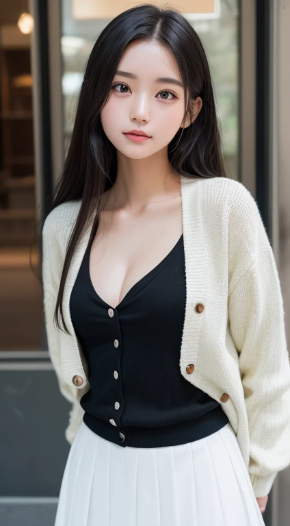 smile、night、Raw photo、(((ultimate beauty portrait)))、((glowing skin))、1 girl、15 year old beautiful girl from Prague、bright look、((black hair))、(cleavage)、(White flared skirt)、((Big eyes that shine like jewels))、black open cardigan、open your clothes、pantyhose、Glossy and glossy skin、(long straight hair)、(silky hair)、(standing)、(from below)、under the skirt、(from below下着の接写)、eyeliner、beautiful bangs、hair between eyes、((masterpiece、最high quality、super detailed、film light、intricate details、High resolution、very detailed))、detailed background、8KUHD、Digital single-lens reflex camera、soft light、high quality、film grain、Fujifilm XT3 、shallow depth of field、natural soft light、Kamimei、rich bust
