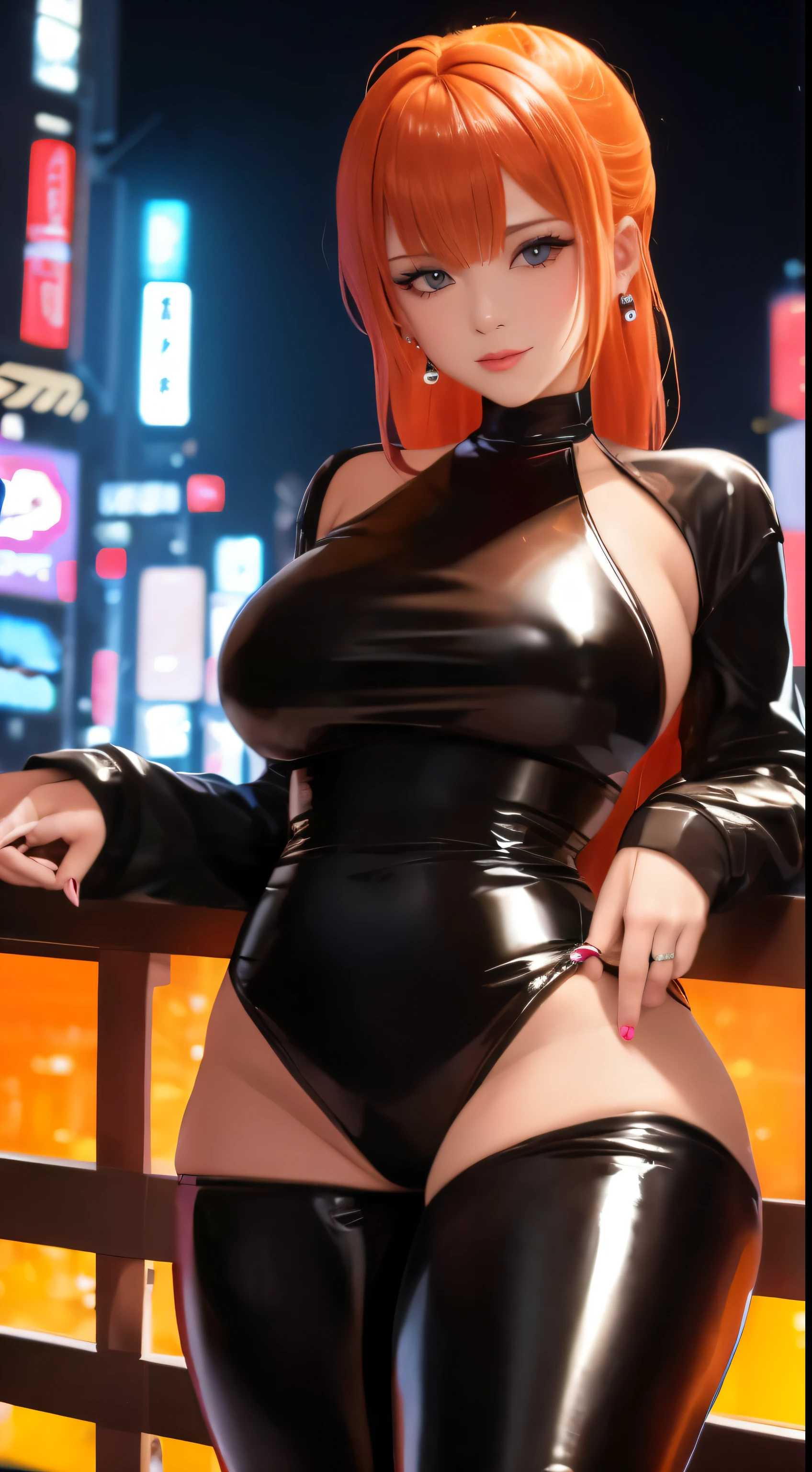 1 girl, (((bimbo))),Ring Earrings, plump lips, painted lips, thin lips. orange hair, Short ponytails, wide hips, thick thighs, latex tight pants, burst breasts Nightlife, night city, Cyberpunk-city, futuristic cityscape. neon lights, (skyscraper:1.1), tokyo tower, Palm tree, Fabric sign, flat stall, nightclub. Bright lights of the city, Exotic car. alcohol, ate, flat, soup stall ,alcohol bottles,