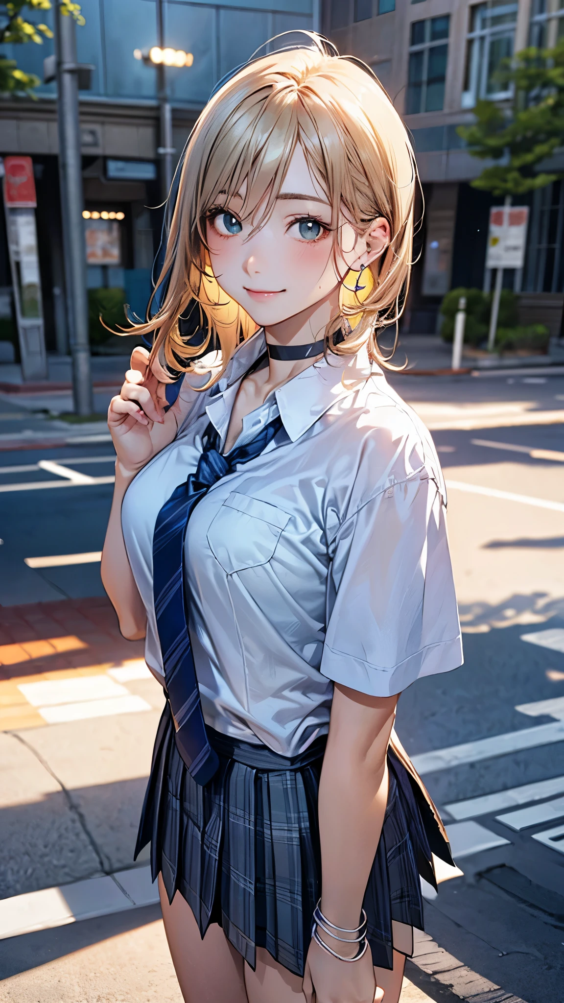 (masterpiece:1.2, top-quality), (realistic, photorealistic:1.4), beautiful illustration, (natural side lighting, movie lighting), 
looking at viewer, full body, 1 girl, japanese, high school girl, perfect face, cute and symmetrical face, suntan, shiny skin, 
(middle hair:0.8, straight hair:1.4, blond hair), hair between eyes, emerald green eyes, long eye lasher, (large breasts:0.6), 
beautiful hair, beautiful face, beautiful detailed eyes, beautiful clavicle, beautiful body, beautiful chest, beautiful thigh, beautiful legs, beautiful fingers, 
((collared short sleeve shirt, light blue shirt, school uniform, grey plaid pleated skirt, navy tie), black choker, wrist chakra), light blue panties, 
(beautiful scenery), school, (liftting skirt, standing, open legs), (seductive smile, in heat), 