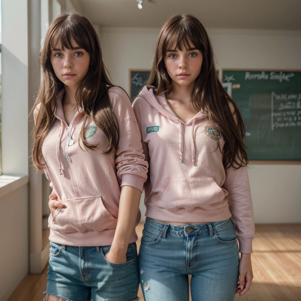 1girl, cute brunette girl, hair bangs, pink hoodie, jeans shorts, green eyes, ultra realistic soft skin, extreme detail, high masterpiece, 8k, photography, studio light, ultra realistic lighting, high realistic ray tracing, RAW photo, photo studio, perfect detailed cute face, perfect teenage details, freckles, school corridor