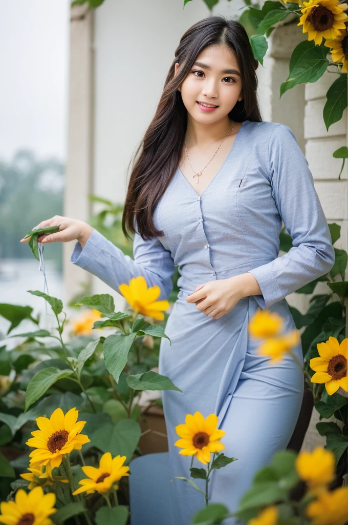 best quality, masterpiece, highres, 1girl,blush,(seductive smile:0.8),star-shaped pupils,necklace, jewelry,Beautiful face,upon_body, tyndall effect,photorealistic, dark studio, rim lighting, two tone lighting,(high detailed skin:1.2), 8k uhd, dslr, soft lighting, high quality, volumetric lighting, candid, Photograph, high resolution, 4k, 8k, Bokeh,sunflower,not sexy dress,white and green uniform