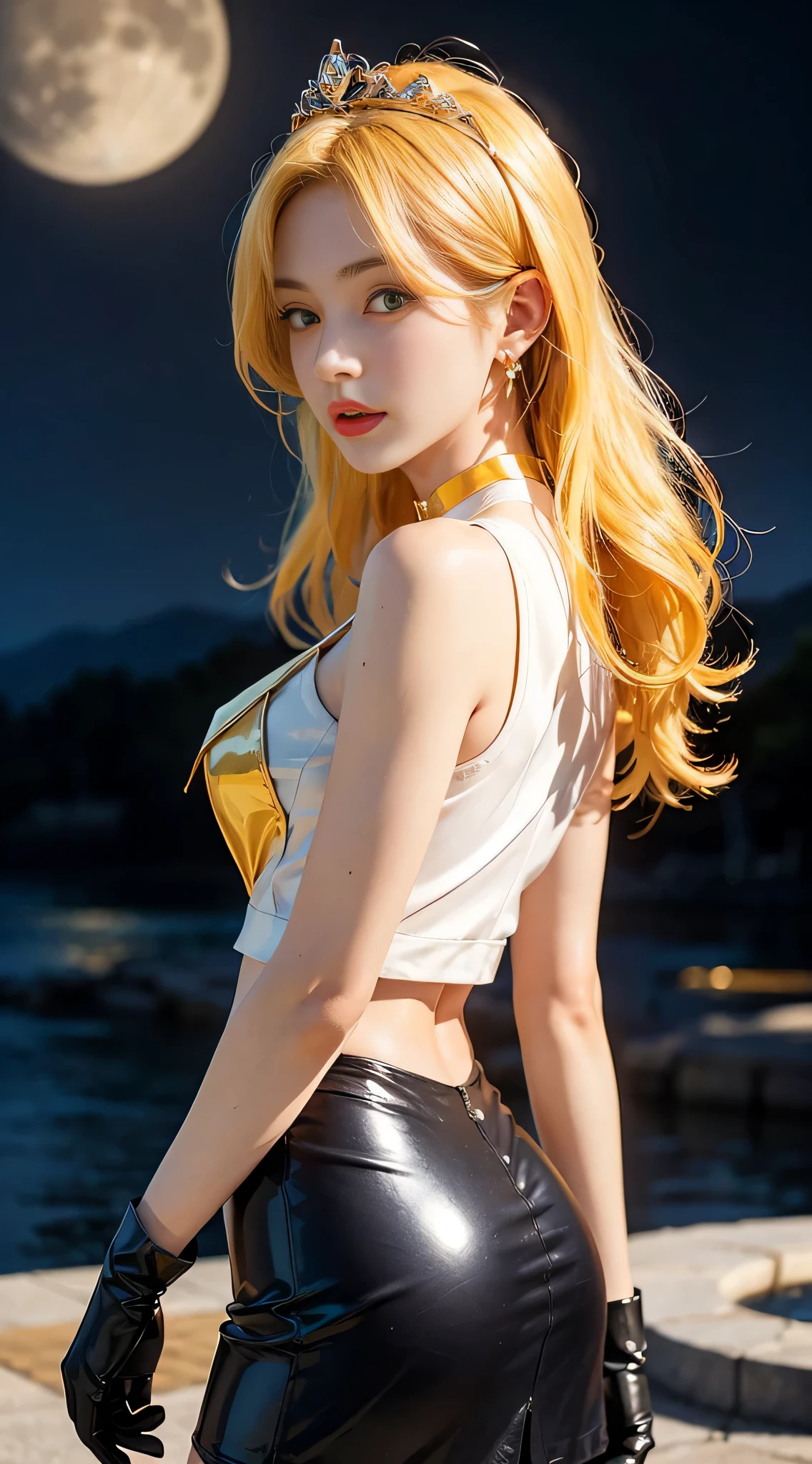 ((masterpiece:1.4)、(highest quality:1.4)、(Realistic:1.7))、Masterpiece:1.4、(Top-notch rendering:1.4)、beautiful girl、(Beautiful Girl Sailor Moon:1.7)、MoonWild Rabbit、(Body Fit Sexy Sailor Warrior Uniform:1.4)、(Shiny latex:1.7)、(The jacket is a white sleeveless sailor suit....:1.4)、(Skirt Blue Sexy Ultra Ultra Pleated Mini Skirt:1.4)、The sailor suit collar has two thin blue lines...............:1.2、High leg swimsuit、Red cloth decoration on chest:1.2、(Wearing white gloves)、Cute Girl、Super Beauty、Sharp Focus、Portrait Photography:1.4、8k、Photorealistic images:1.4、(Perfect female body:1.4)、Perfect proportions、(Upper body shot:1.4)、Beautiful Face、Beautiful Eyes、(Narrow waist:1.4)、(9-body proportions beautiful girl:1.4)、(A beautiful girl with long legs and a good figure:1.4)、Beautiful feet:1.2、(Yellow Hair:1.4)、(Long Hair:1.2)、(ponytail:1.2)、Beautiful breasts、Large Breasts:1.2、sexy ass、Raw photo、Red lips、Red high heels:1.4、choker:1.4、necklace:1.4、Earrings:1.4、Gorgeous golden tiara:1.4、1 Screen Display:1.4、moon、universe、spaceship、Universe Station、City of the Future