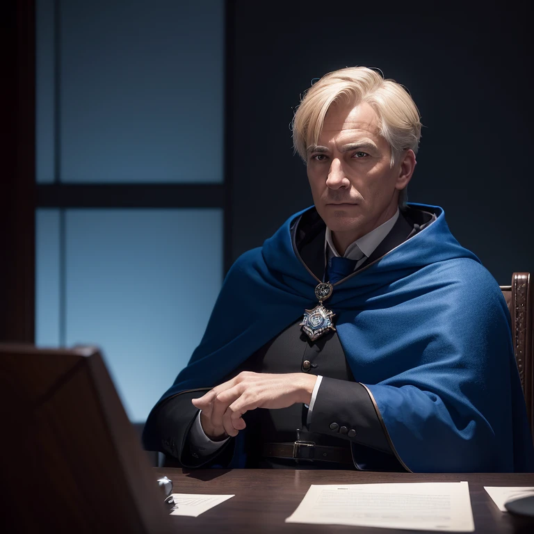 An older man in his forties, with short Blond hair neatly pushed back ,(without facial hair), blue sharp eyes and sharp nose, wearing an expensive royal blue cloak ,((sitting at his dark office,with low lighting))