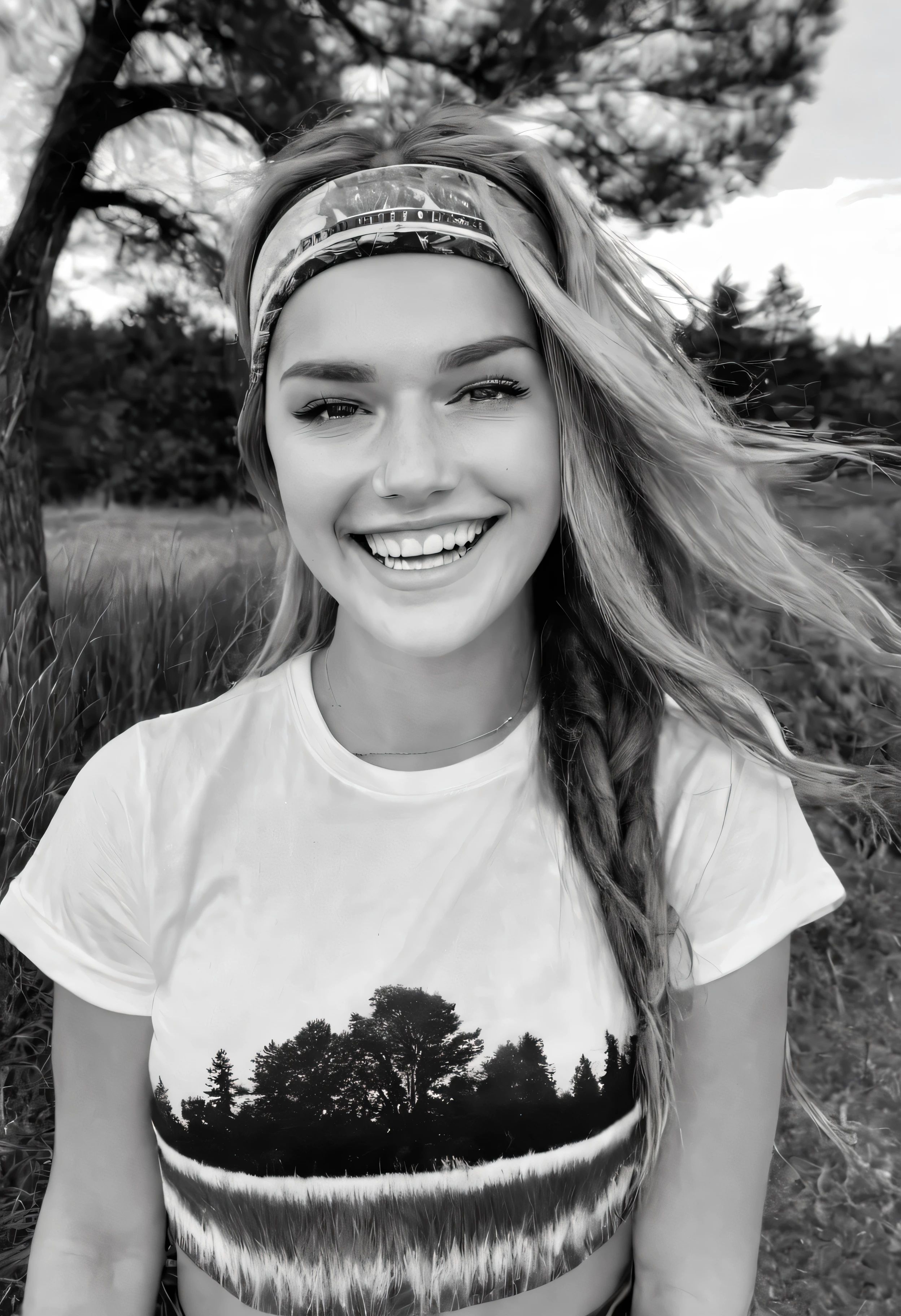 GeorgiaEllenwood, long hair, looking at viewer, smile, shirt, monochrome, upper body, short sleeves, greyscale, outdoors, midriff, grin, tree, crop top, headband, grass, t-shirt, realistic