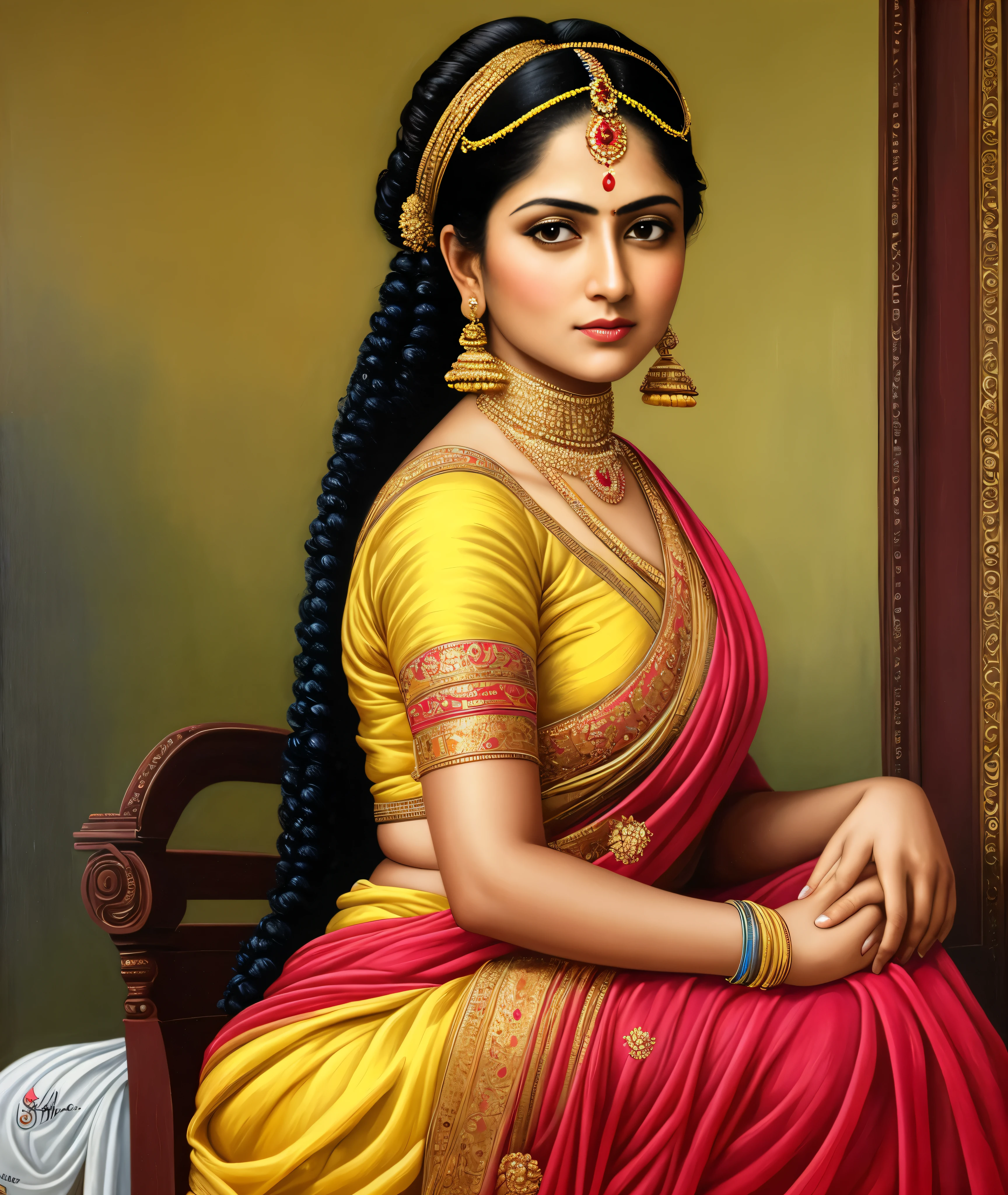 Masterpiece,8k uhd, hdr, realistic, hyper realistic, intricate, vibrant colour, painting of a woman in a yellow sari sitting on a chair, traditional beauty, inspired by Raja Ravi Varma, indian art, by Raja Ravi Varma, painting of beautiful, inspired by T. K. Padmini, painting of a woman, by Sardar Sobha Singh, gorgeous woman, oil on canvas painting, traditional painting, oil-painting