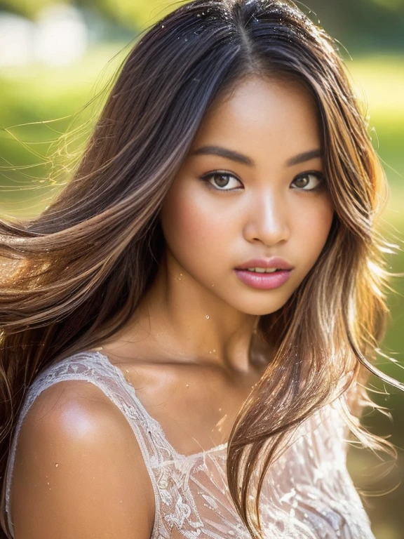 ((of the highest quality, 8K, masutepiece: 1.3)), Women (Full body portrait, Lace dress, Overhead camera, Sharp Focus: 1.2, Cute Woman: 1.4, ((Long hair, Floating hair)), Highly detailed face and skin and hair texture, wet texture hair, Wet body, Detailed eyes, Double eyelids, Beautiful legs, beautiful delicate nose, beautiful Cambodian soft brown skin 28 years old, With dynamic angles, Creates melancholy emotions characterized by calming tones and contrasting mixes of light and shadow, While emphasizing the subject's hair, Eyes, Mouth and behavior, It is pleasing to the eye、It is a thought-provoking composition.