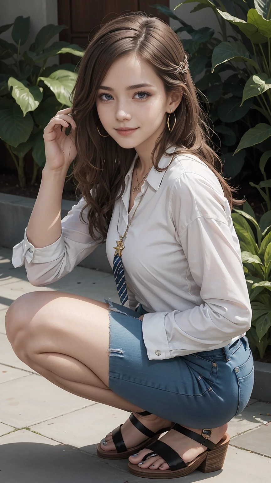 22 year old white female、Hair color is brunette、blue eyes、long hair、The ends of the hair are wavy、setting hair、accessories on wrist、wearing a necklace、has earrings、skin is smooth、Slender but muscular body、smile、wearing a tie front shirt、wearing skinny jeans、I'm wearing sandals、smile、Squatting
