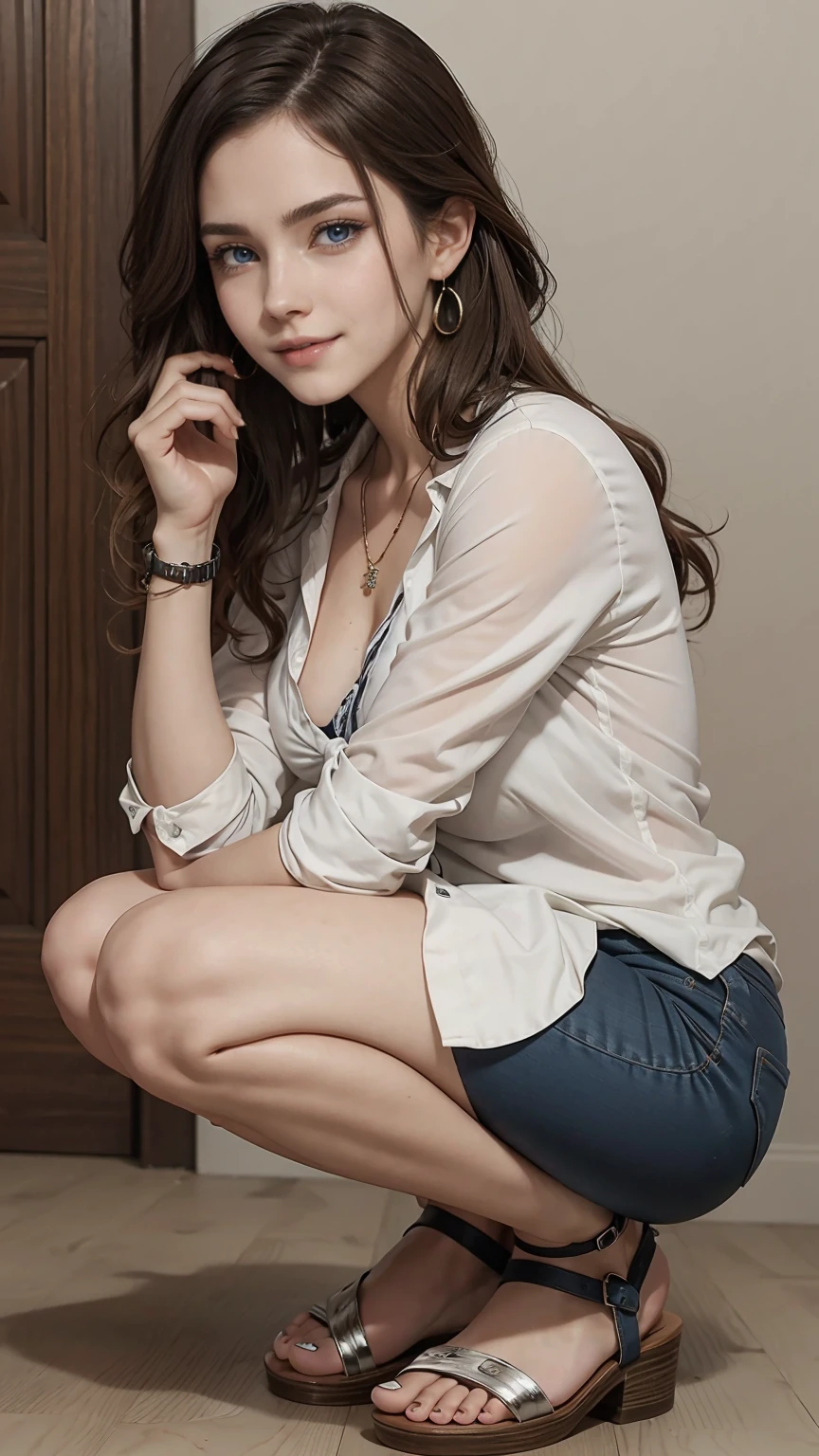 22 year old white female、Hair color is brunette、blue eyes、long hair、The ends of the hair are wavy、setting hair、accessories on wrist、wearing a necklace、has earrings、skin is smooth、Slender but muscular body、smile、wearing a tie front shirt、wearing skinny jeans、I'm wearing sandals、smile、Squatting