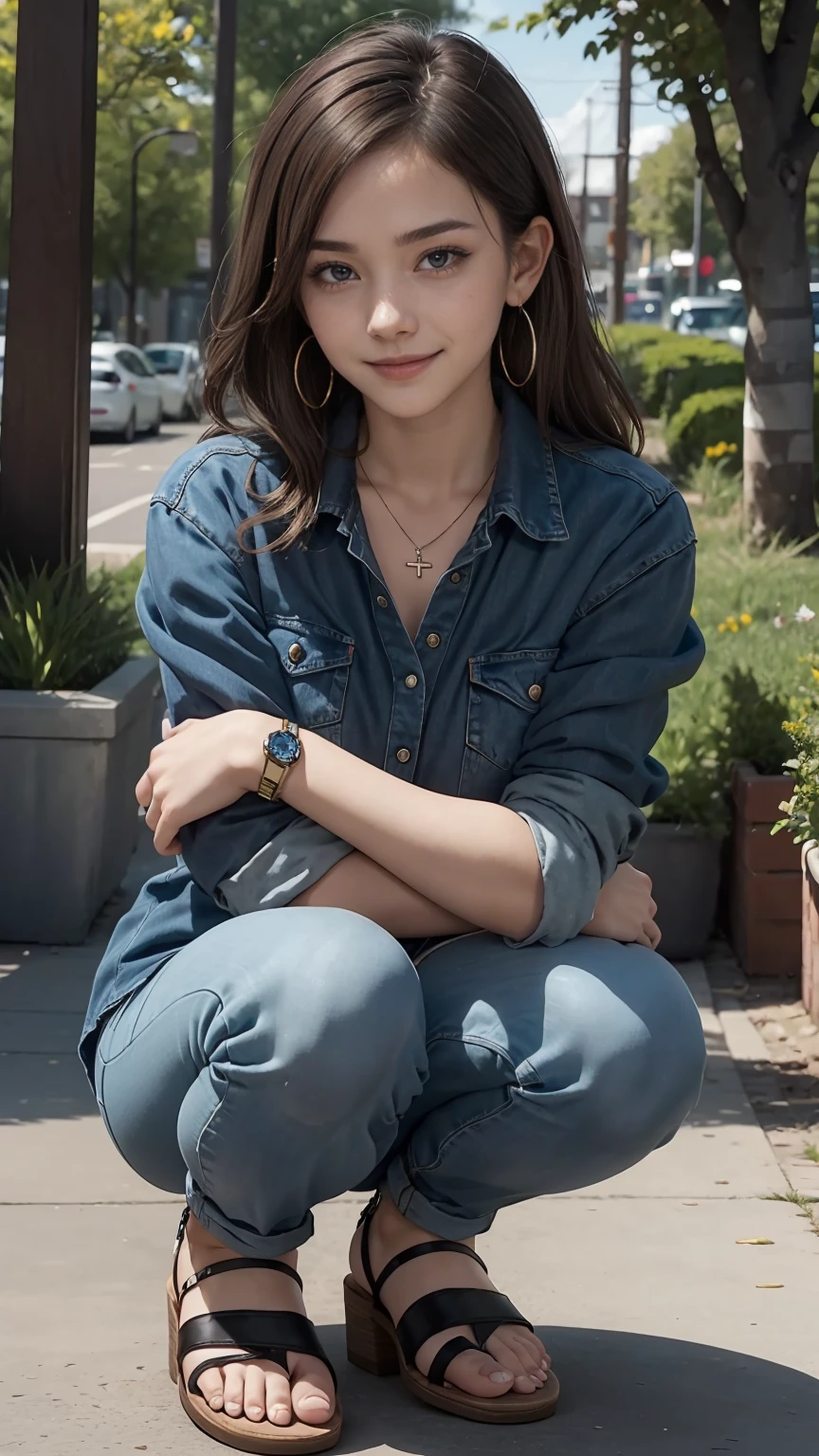22 year old white female、Hair color is brunette、blue eyes、long hair、The ends of the hair are wavy、setting hair、accessories on wrist、wearing a necklace、has earrings、skin is smooth、Slender but muscular body、smile、wearing a tie front shirt、wearing skinny jeans、I'm wearing sandals、smile、Squatting