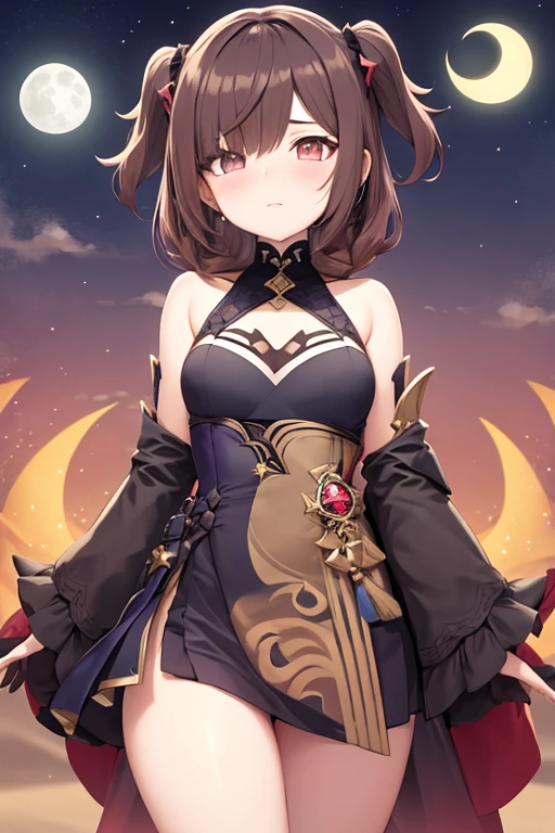 My loli genshin impact oc, brown hair, stars, moon, brown hair, sumeru desert outfit, black horns with pink outlines, hair covering 1 eye