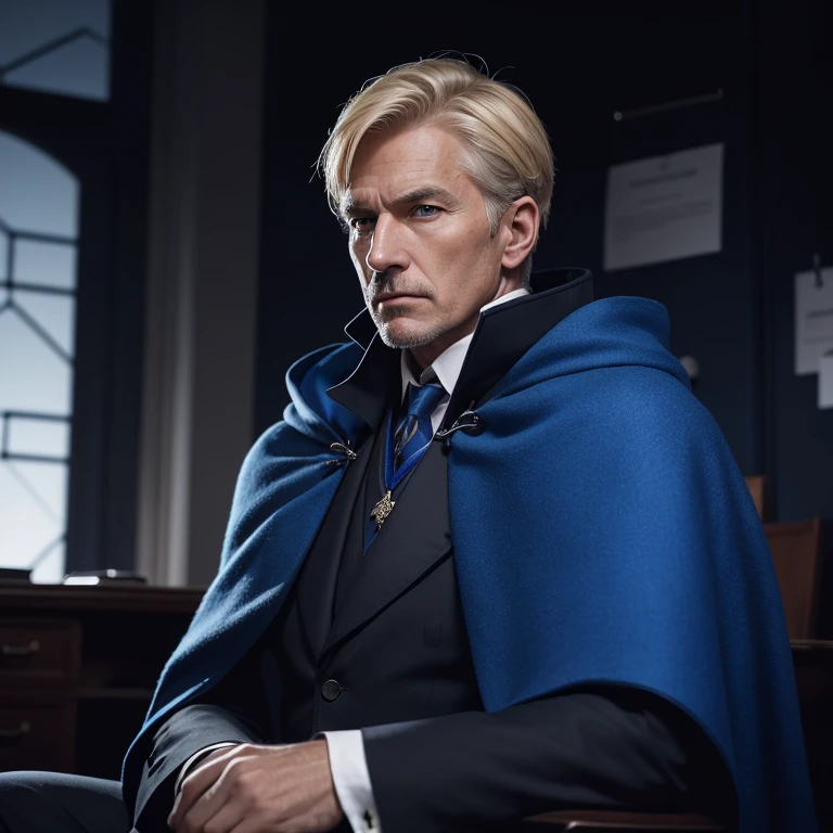 An older man in his forties, with short Blond hair neatly pushed back ,(without facial hair), blue sharp eyes and sharp nose, wearing an expensive royal blue cloak ,((sitting at his dark office,with low lighting))