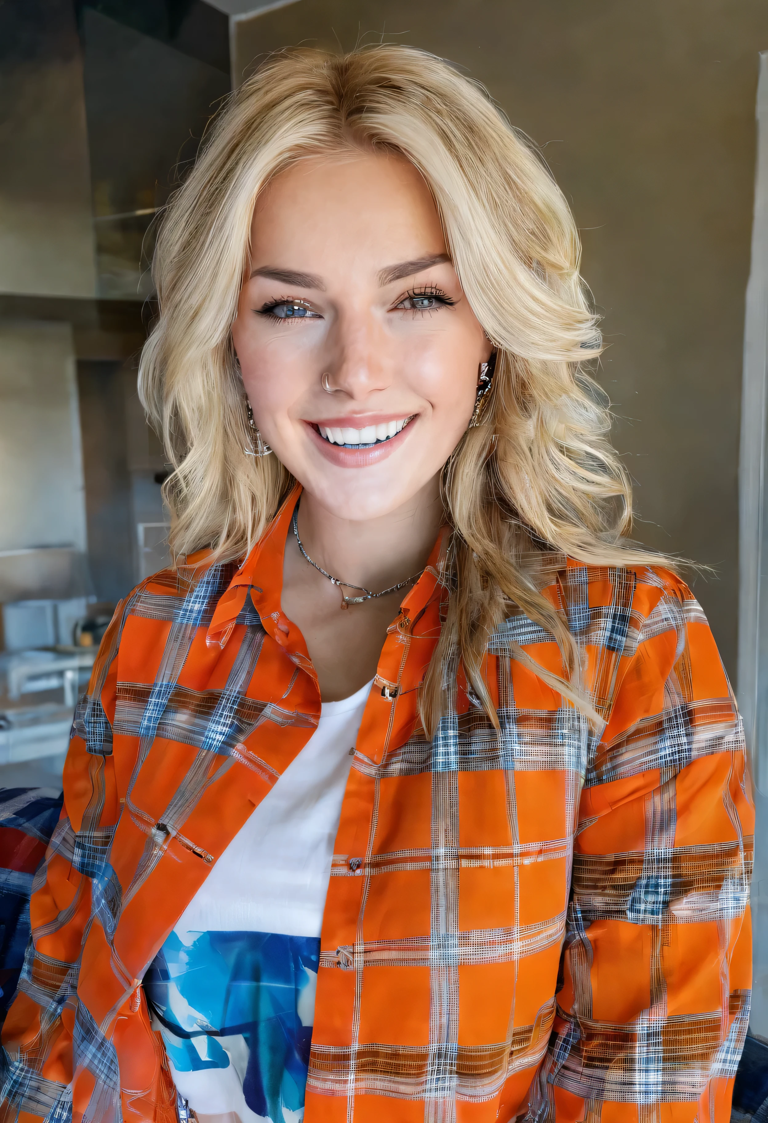 GeorgiaEllenwood, long hair, looking at viewer, smile, blonde hair, shirt, jewelry, closed mouth, upper body, earrings, open clothes, indoors, necklace, plaid, piercing, realistic, orange shirt, plaid shirt