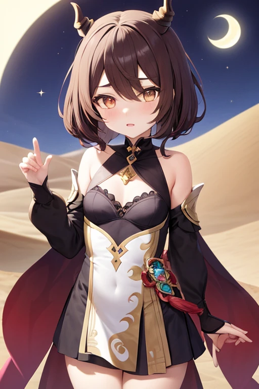 My genshin impact oc, brown hair, stars, moon, brown hair, sumeru desert outfit, black horns with pink outlines, hair covering 1 eye