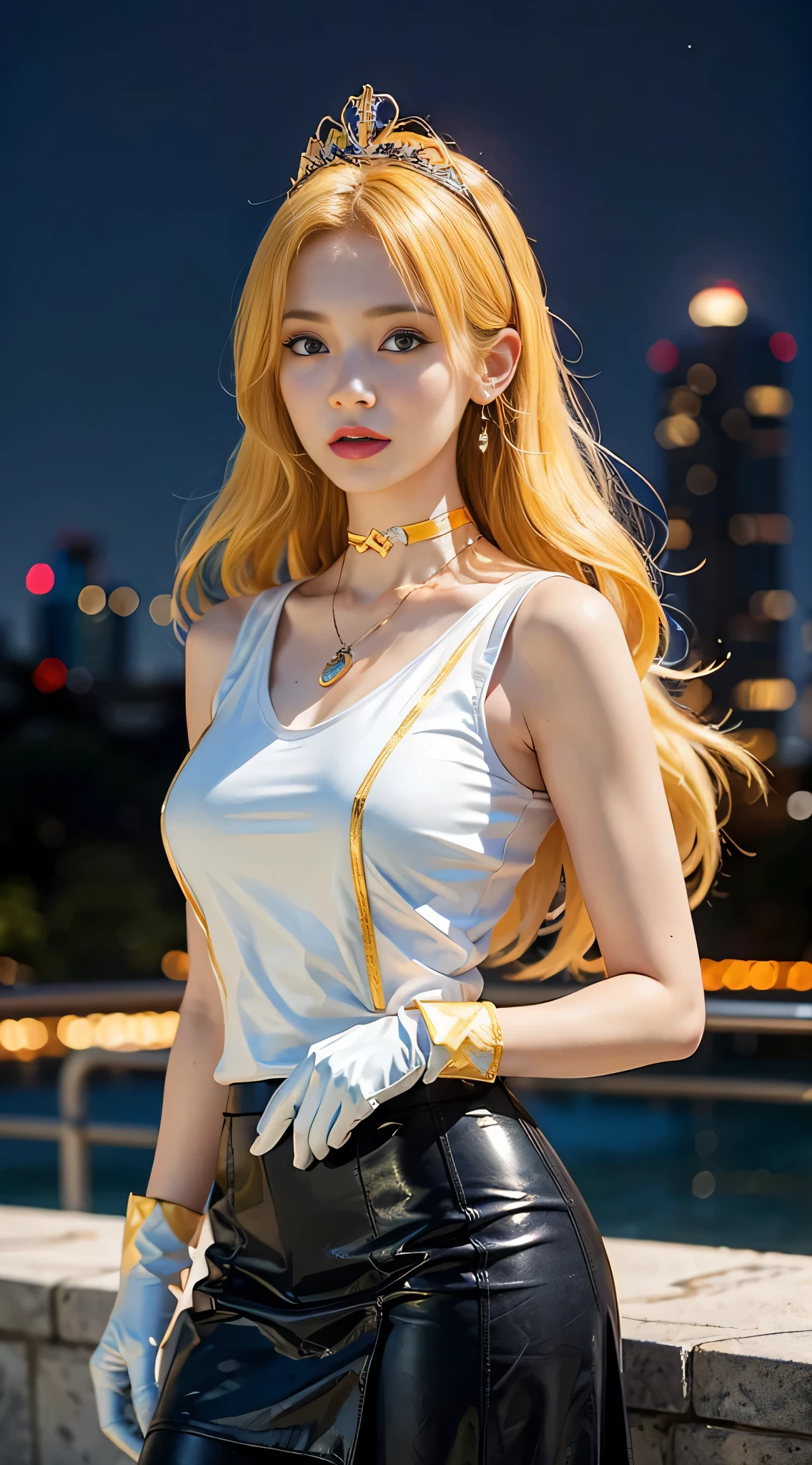 ((masterpiece:1.4)、(highest quality:1.4)、(realistic:1.7))、masterpiece:1.4、beautiful girl、(beautiful girl戦士セーラームーン:1.4)、moon野うさぎ、body fit sexy sailor senshi uniform、(shiny latex)、(The jacket is a white sleeveless sailor uniform.....)、(Skirt Blue Sexy Ultra Ultra Pleated Mini Skirt)、There are two thin blue lines on the collar of the sailor uniform.................、high leg swimsuit、red cloth decoration on the chest、(wearing white gloves)、pretty girl、super beautiful、sharp focus、portrait photography、(perfect female body:1.4)、perfect proportions、(Upper body shot:1.4)、beautiful face、beautiful eyes、tight waist、beautiful feet、(yellow hair:1.4)、(long hair:1.2)、beautiful breasts、big breasts:1.2、sexy ass、RAW photo、red lips、red high heels:1.4、choker:1.4、necklace:1.4、earrings:1.4、luxurious golden tiara:1.4、1 screen display、moon、universe、universe船、universeステーション、city of the future