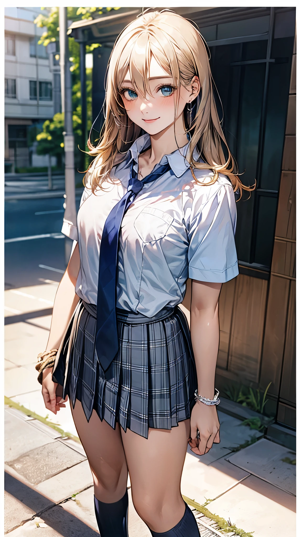 (masterpiece:1.2, top-quality), (realistic, photorealistic:1.4), beautiful illustration, (natural side lighting, movie lighting),
looking at viewer, full body, 1 girl, japanese, high school girl, perfect face, cute and symmetrical face, suntan, shiny skin,
(middle hair:0.8, straight hair:1.4, blond hair), hair between eyes, emerald green eyes, long eye lasher, (large breasts:0.6),
beautiful hair, beautiful face, beautiful detailed eyes, beautiful clavicle, beautiful body, beautiful chest, beautiful thigh, beautiful legs, beautiful fingers,
((collared short sleeve shirt, light blue shirt, school uniform, grey plaid pleated skirt, navy tie), wrist chakra), light blue panties,
(beautiful scenery), school, (liftting skirt, standing, open legs), (seductive smile, in heat),