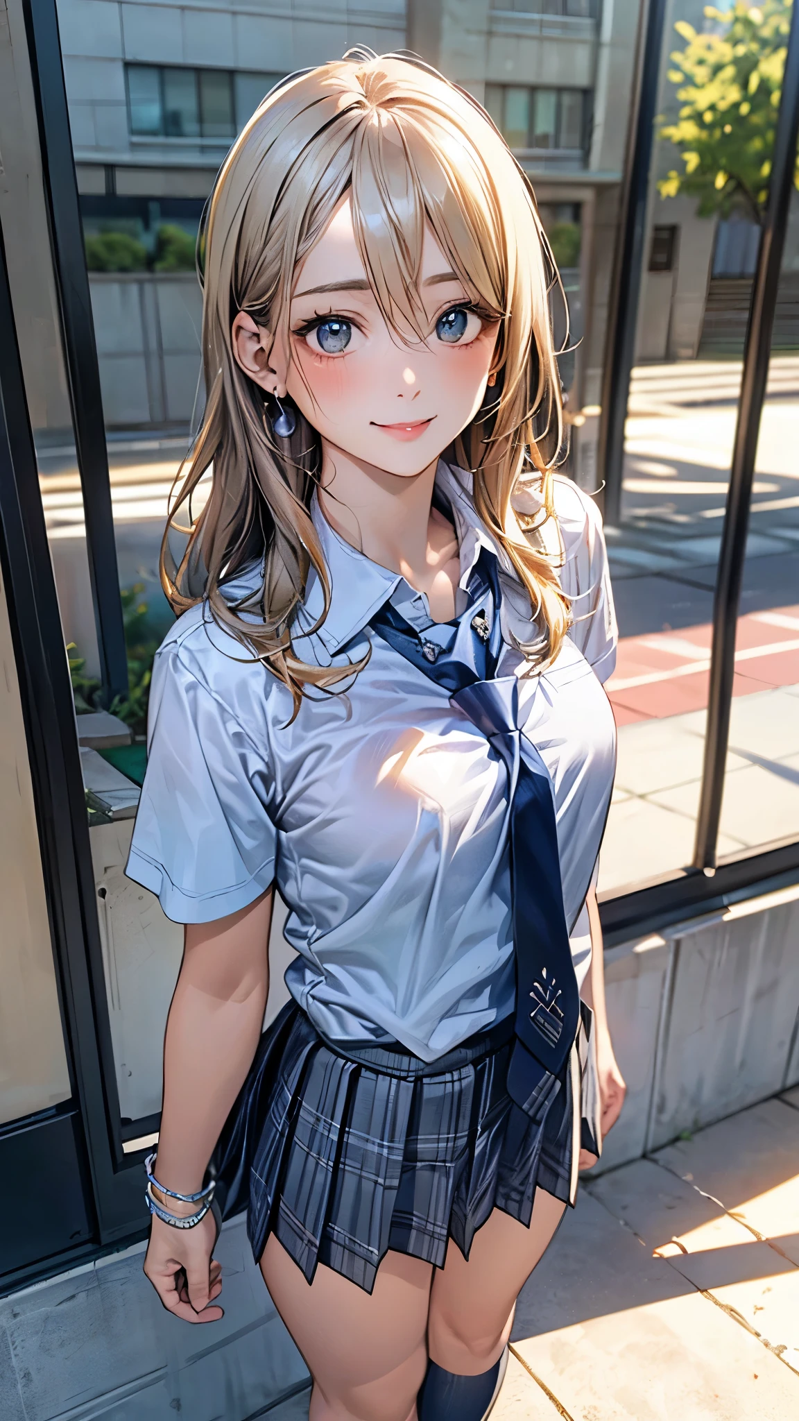 (masterpiece:1.2, top-quality), (realistic, photorealistic:1.4), beautiful illustration, (natural side lighting, movie lighting),
looking at viewer, cowboy shot, front view:0.6, 1 girl, japanese, high school girl, perfect face, cute and symmetrical face, shiny skin,
(middle hair:1.5, twintails:1.7, blond hair), hair between eyes, blue eyes, long eye lasher, (large breasts:0.9, thick thighs),
beautiful hair, beautiful face, beautiful detailed eyes, beautiful clavicle, beautiful body, beautiful chest, beautiful thigh, beautiful legs, beautiful fingers,
((black pleated mini skirt, black stockings, unbuttoned white shirt)), black hair ribbon, pink panties,
(beautiful scenery), evening, riverside, walking, hands on chest, (excited face, very happy),