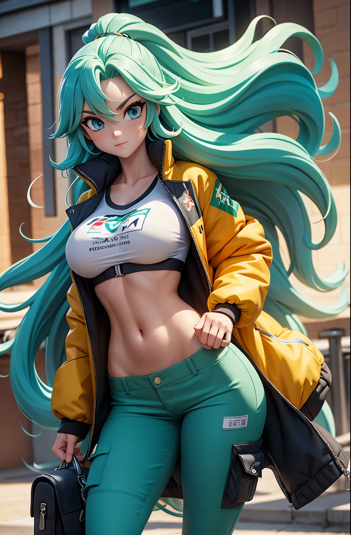 Tall stature, long, wavy green hair. Bright and expressive light blue eyes. Slim and athletic silhouette. She was wearing cargo pants, a printed t-shirt and a waterproof jacket. She was wearing sports shoes, big boobs, big ass, big hip
