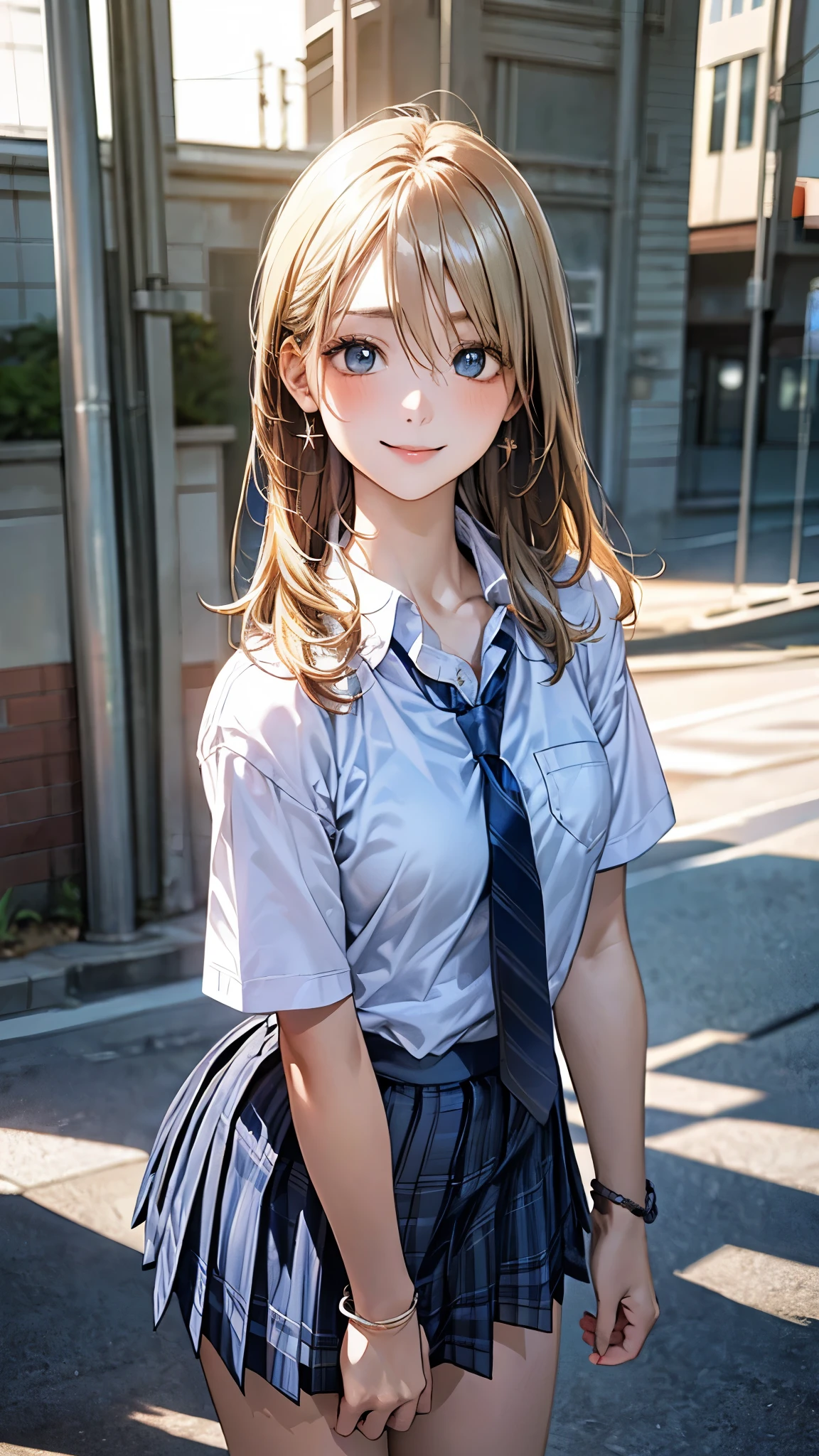 (masterpiece:1.2, top-quality), (realistic, photorealistic:1.4), beautiful illustration, (natural side lighting, movie lighting), 
looking at viewer, full body, 1 girl, japanese, high school girl, perfect face, cute and symmetrical face, suntan, shiny skin, 
(middle hair:0.8, straight hair:1.4, blond hair), hair between eyes, emerald green eyes, long eye lasher, (large breasts:0.6), 
beautiful hair, beautiful face, beautiful detailed eyes, beautiful clavicle, beautiful body, beautiful chest, beautiful thigh, beautiful legs, beautiful fingers, 
((collared short sleeve shirt, light blue shirt, school uniform, grey plaid pleated skirt, navy tie), wrist chakra), light blue panties, 
(beautiful scenery), school, (liftting skirt, standing, open legs), (seductive smile, in heat), 