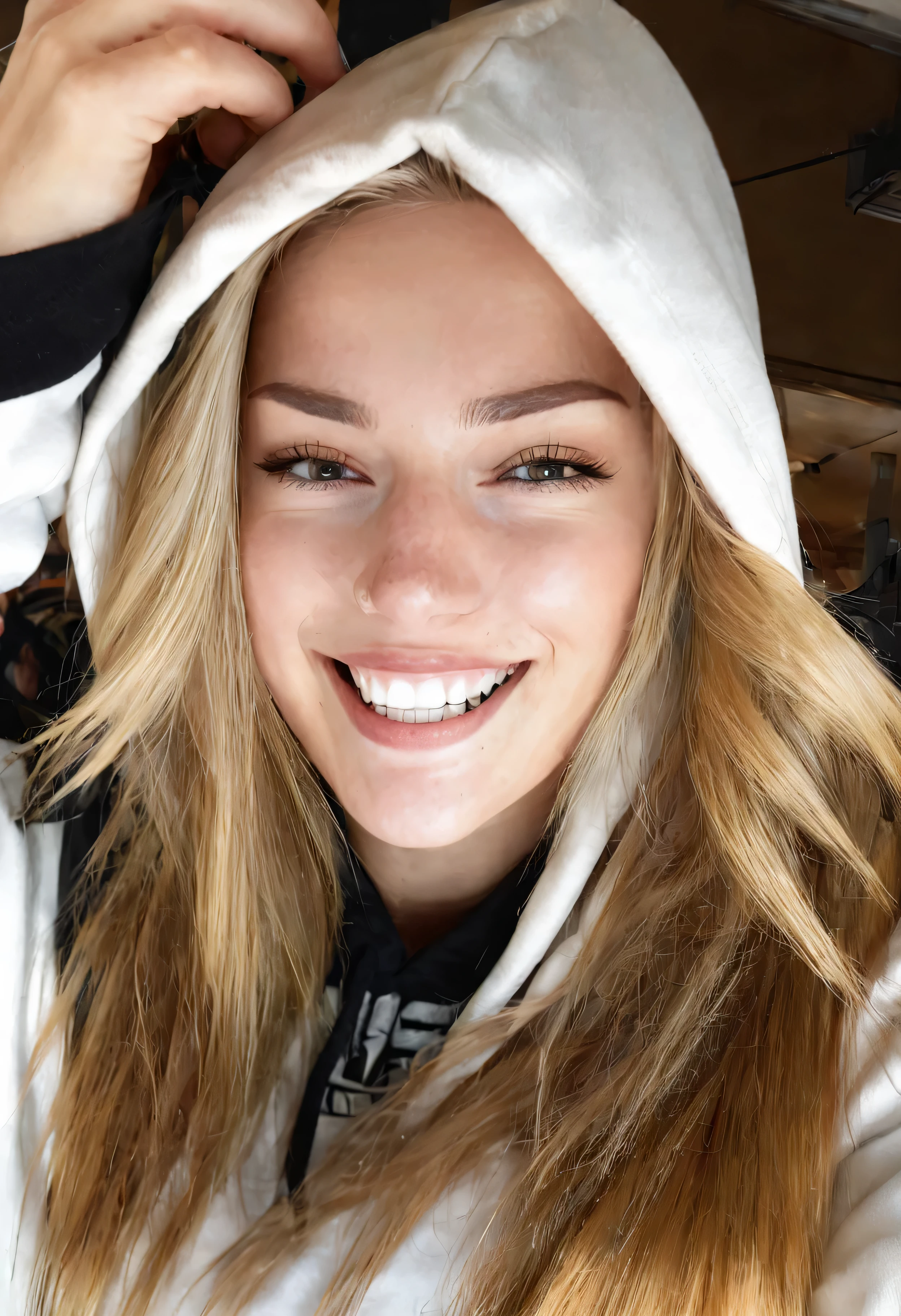 GeorgiaEllenwood, long hair, looking at viewer, smile, blonde hair, closed eyes, upper body, hood, grin, hoodie, portrait, facing viewer, hood up, realistic, white hoodie