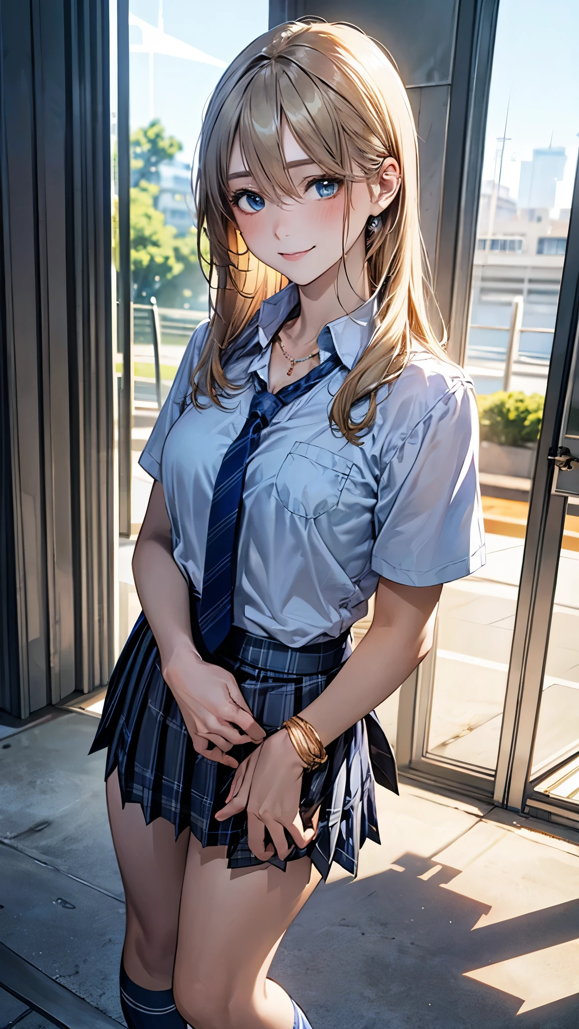 (masterpiece:1.2, top-quality), (realistic, photorealistic:1.4), beautiful illustration, (natural side lighting, movie lighting),
looking at viewer, full body, 1 girl, japanese, high school girl, perfect face, cute and symmetrical face, suntan, shiny skin,
(middle hair:0.8, straight hair:1.4, blond hair), hair between eyes, emerald green eyes, long eye lasher, (large breasts:0.6),
beautiful hair, beautiful face, beautiful detailed eyes, beautiful clavicle, beautiful body, beautiful chest, beautiful thigh, beautiful legs, beautiful fingers,
((collared short sleeve shirt, light blue shirt, school uniform, grey plaid pleated skirt, navy tie), golden heart necklace, wrist chakra), light blue panties,
(beautiful scenery), school, (liftting skirt, standing, open legs), (lovely smile, in heat),