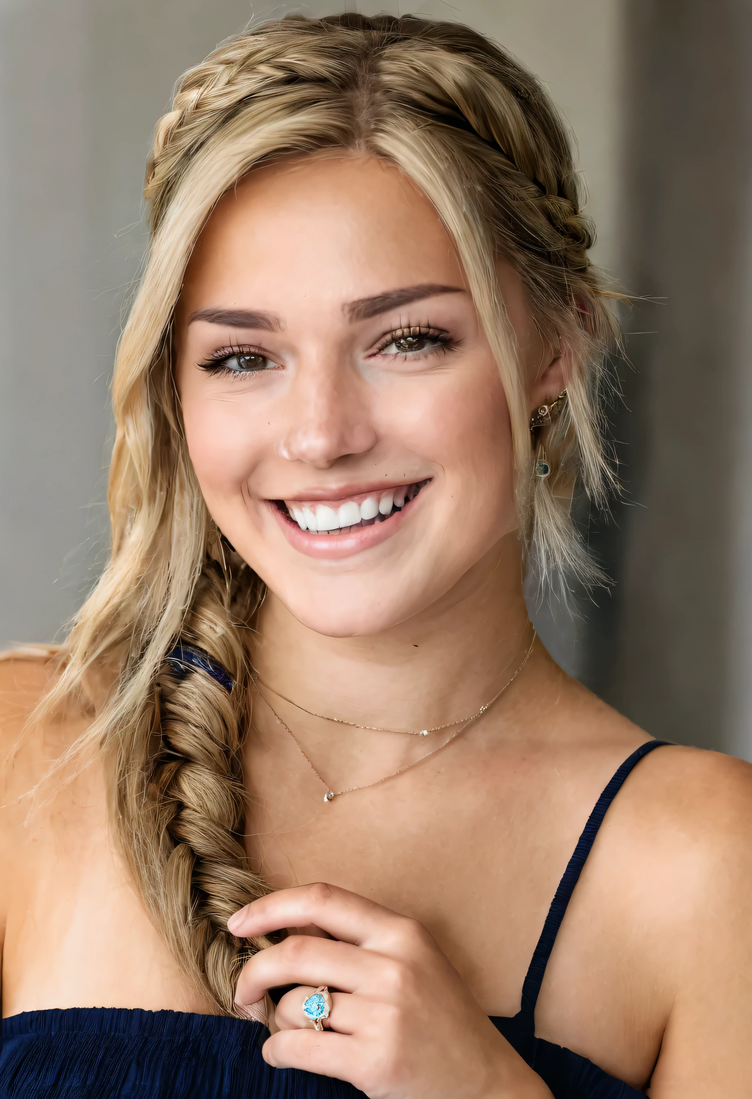 GeorgiaEllenwood, long hair, looking at viewer, smile, blonde hair, simple background, bare shoulders, jewelry, standing, braid, necklace, ring, realistic