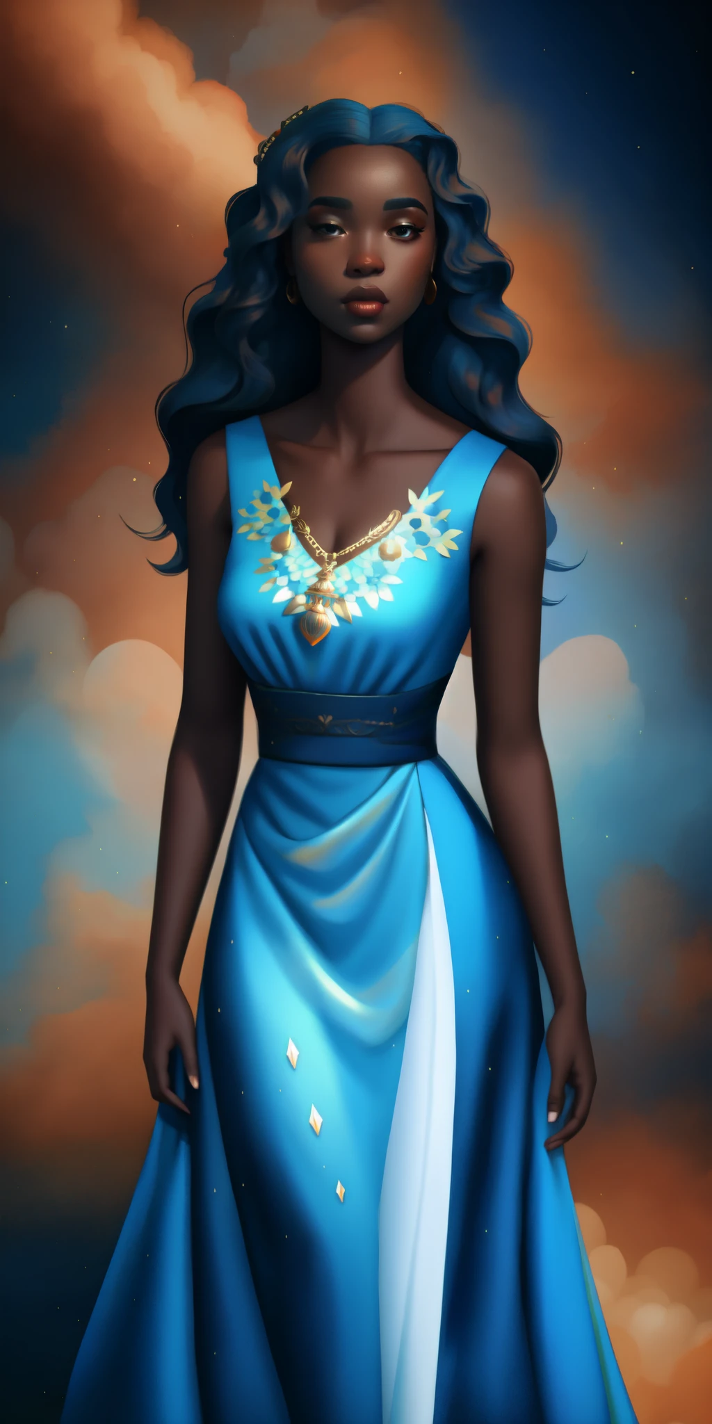 painting of a Congolese black woman in a blue dress with a sky background, dark skin female goddess of love, light blue dress portrait, digital art of an elegant, epic 3 d oshun, azure. detailed hair, the greek goddess aphrotite, blue swirling dress, charlie bowater art style, ((a beautiful fantasy empress)), beautiful digital illustration, character art closeup