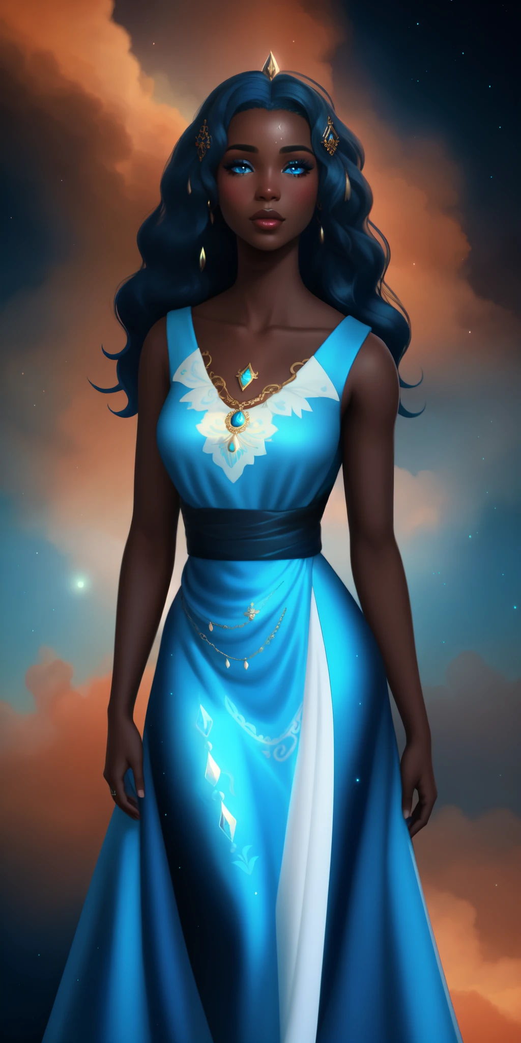 painting of a Congolese black woman in a blue dress with a sky background, dark skin female goddess of love, light blue dress portrait, digital art of an elegant, epic 3d oshun, azure. detailed hair, the greek goddess aphrotite, blue swirling dress, charlie bowater art style, anky moore, ((a beautiful fantasy empress)), beautiful digital illustration, character art closeup