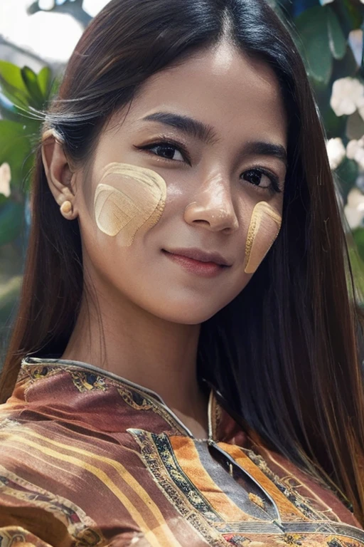 (realistic:1.3), insane detailed, quality, (masterpiece:1.2), (photorealistic:1.2), (best quality), (detailed skin:1.3), (intricate details), ((half body)), 1 girl, smirk, shoulder length hair, acmm thanaka apply on face, acmm thanaka makeup, sunlight, epic background, 4k,full HD
