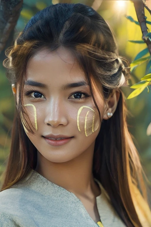 (realistic:1.3), insane detailed, quality, (masterpiece:1.2), (photorealistic:1.2), (best quality), (detailed skin:1.3), (intricate details), ((half body)), 1 girl, smirk, shoulder length hair, acmm thanaka apply on face, acmm thanaka makeup, sunlight, epic background, 4k,full HD