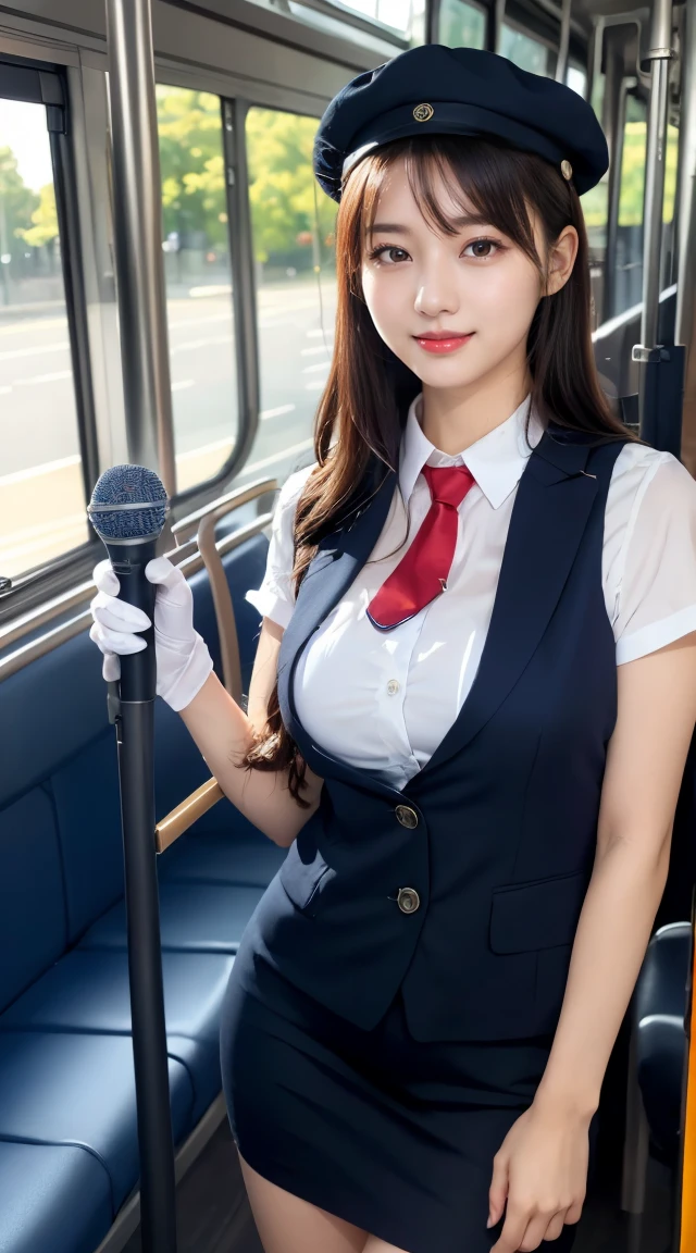 (((full body,including legs)))、(((perfect uniform of Japanese stewardess, blue striped necktie, vest-dress uniform、small hat, white formal short gloves,(black high-heel), ((with a small mic in her hand))),bus guide,日本のバスガイド、little smile,white blouse,tight blouse)))、(((navy bowler hat),navy hat)), white gloves, short gloves, high heel、Dressed up、(Photo real:1.4)、(A hyper-realistic:1.4)、(Photorealistic:1.3)、 (gentle lighting: 1.05)、(Improve the lighting quality of your video:0.9)、32k、 1Girl、28years old girl、photorealistic lighting、Back lighting、Facial Lights、Ray Trace、(bright:1.2)、(Increase quality:1.4)、 (best quality real texture skin)、Fair eyes,Delicate and delicate face, Close-up of the breasts, white blouse,tight blouse,tight vest-dress uniform, (Bodyline mood improvement:1.1)、goofigure,Glossy skin、wavy hair,blonde hair,韓国アイドル、乃木坂アイドル、Sculptural Idol Pose、little smile,blush,Beautiful actress、Neat woman,whole body, (((midium breasts,beautiful breasts))),(perfect row of teeth),slender waist and hip,beautiful long legull shot)、((8heads tall)、(((誘惑している、恥ずかしい)))、dynamic pose,gravure pose,(eye shadow),((red cheek、red lips)),Super Clean Night View、night time、blush,little smile,(((full shot)))、(((in the bus))),