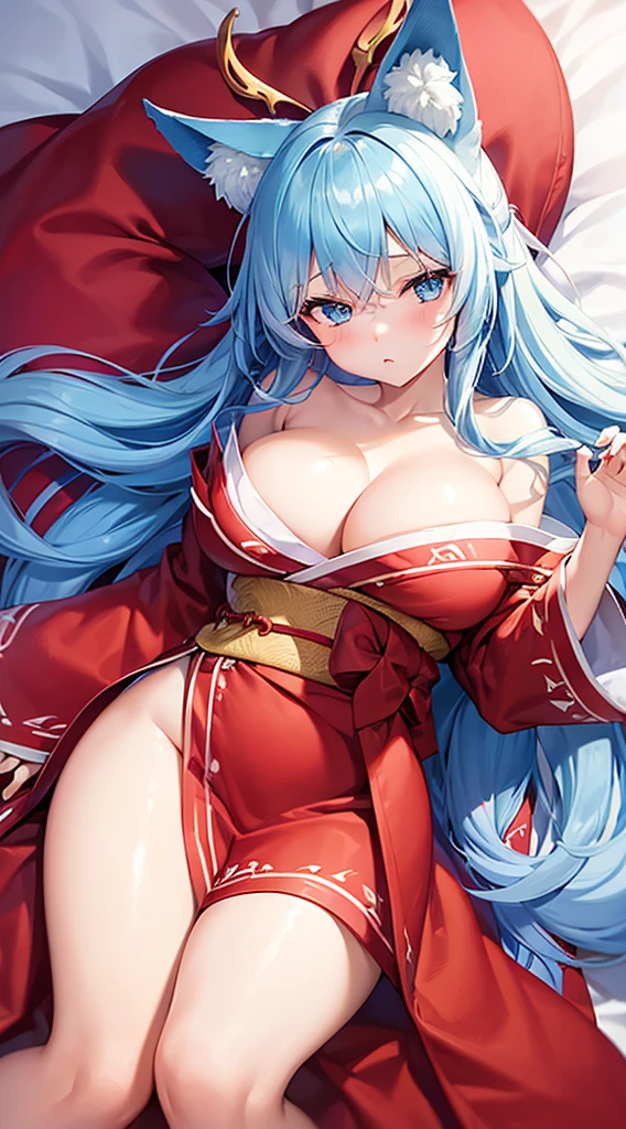 1 girl with big breasts、light blue hair、blue eyes、shy face、fox ears、fox tail、white kimono、red hakama、beast ear maiden、Opened kimono、phoenix pattern、on the bed、Lying down position、long hair down to the waist、