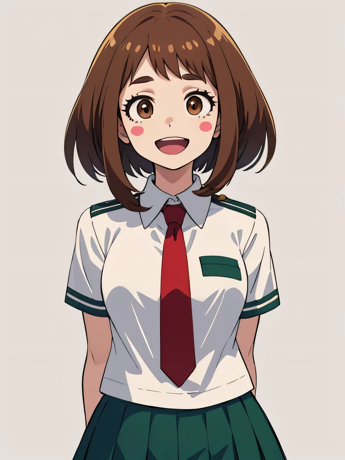 , ochako uraraka,brown hair,brown eyes, short hair, 1girl, (red necktie, school uniform, short sleeves,white shirt, green skirt), abstract background, smile :D, blush stickers, medium shot, arms behind back