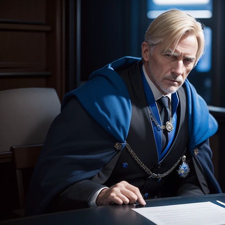 An older man in his forties, with short Blond hair neatly pushed back ,(without facial hair), blue sharp eyes and sharp nose, wearing an expensive royal blue cloak ,((sitting at his dark office,with low lighting))