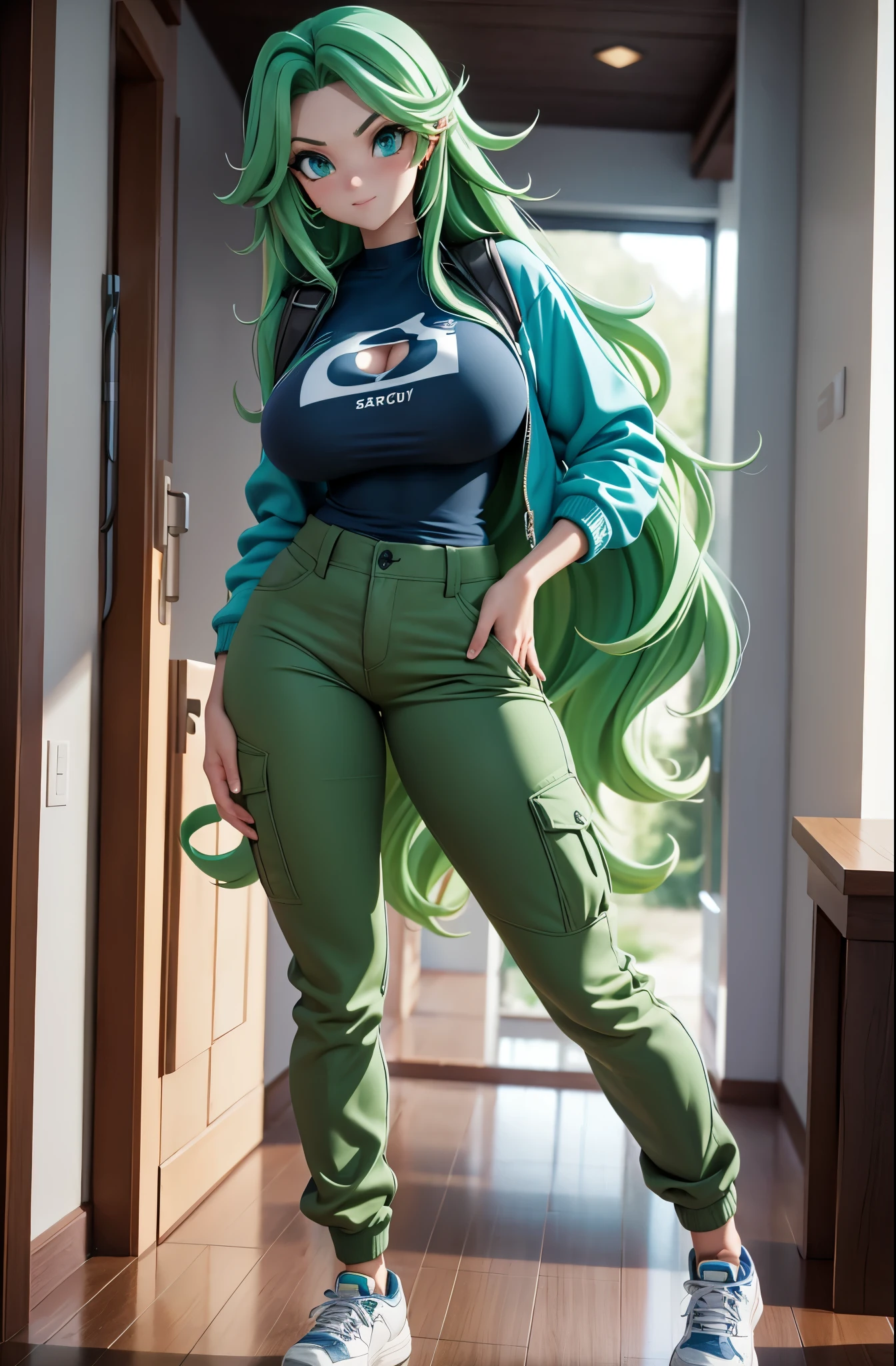 Tall stature, long, wavy green hair. Bright and expressive light blue eyes. Slim and athletic silhouette. She was wearing cargo pants, a printed t-shirt and a waterproof jacket. She was wearing sports shoes, big boobs, big ass, big hip