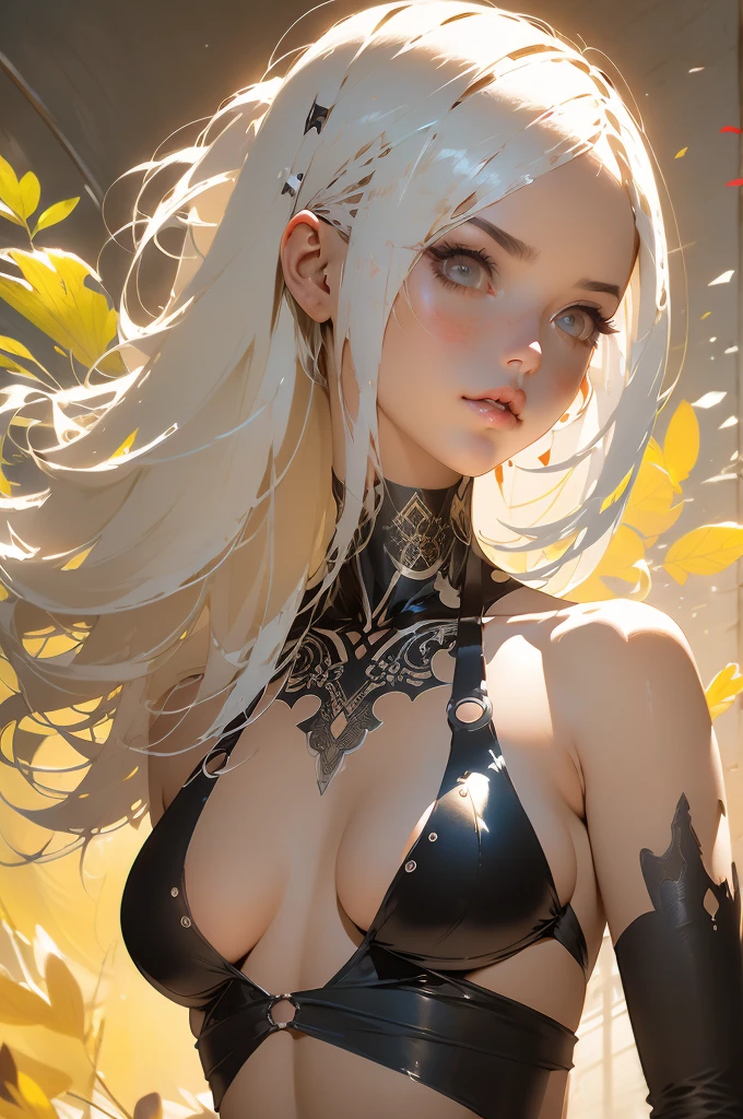 Nier Automata, hermosa mujer pechos grandes, senos enormes, pelo blanco, cabello corto, ropa ajustada minifalda, mostrando la vagina, culo hermoso(8k, Mejor calidad, obra maestra:1.2),(Mejor calidad:1.0), (ultra high resolution:1.0), acuarela, una mujer hermosa, hombro, cintas para el cabello, Por Agnes Cecile, cuerpo completo, extremely luminous bright design, colores pasteles, (tinta:1.3), Autumn lights