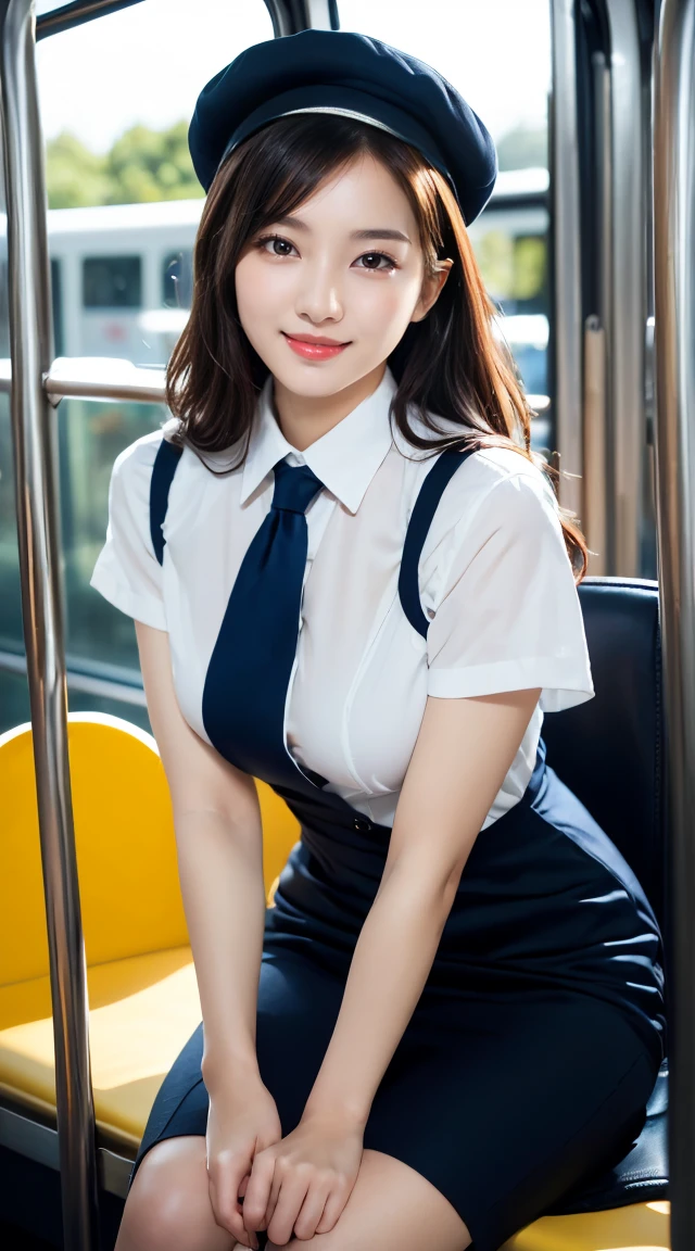 (((full body,including legs)))、(((perfect uniform of Japanese stewardess, blue striped necktie, vest-dress uniform、small hat, white formal short gloves,(black high-heel),  ((with a mini mic in her hand))),bus guide,日本のバスガイド、little smile,white blouse,tight blouse)))、(((navy bowler hat),navy hat)), white gloves, short gloves,  high heel、Dressed up、(Photo real:1.4)、(A hyper-realistic:1.4)、(Photorealistic:1.3)、 (gentle lighting: 1.05)、(Improve the lighting quality of your video:0.9)、32k、 1Girl、28years old girl、photorealistic lighting、Back lighting、Facial Lights、Ray Trace、(bright:1.2)、(Increase quality:1.4)、 (best quality real texture skin)、Fair eyes,Delicate and delicate face, Close-up of the breasts, white blouse,tight blouse,tight vest-dress uniform, (Bodyline mood improvement:1.1)、goofigure,Glossy skin、wavy hair,blonde hair,韓国アイドル、乃木坂アイドル、Sculptural Idol Pose、little smile,blush,Beautiful actress、Neat woman,whole body, (((midium breasts,beautiful breasts))),(perfect row of teeth),slender waist and hip,beautiful long legs,full shot)、((8heads tall)、(((誘惑している、恥ずかしい)))、dynamic pose,gravure pose,(eye shadow),((red cheek、red lips)),Super Clean Night View、night time、blush,little smile,(((full shot)))、(((in the bus))),
