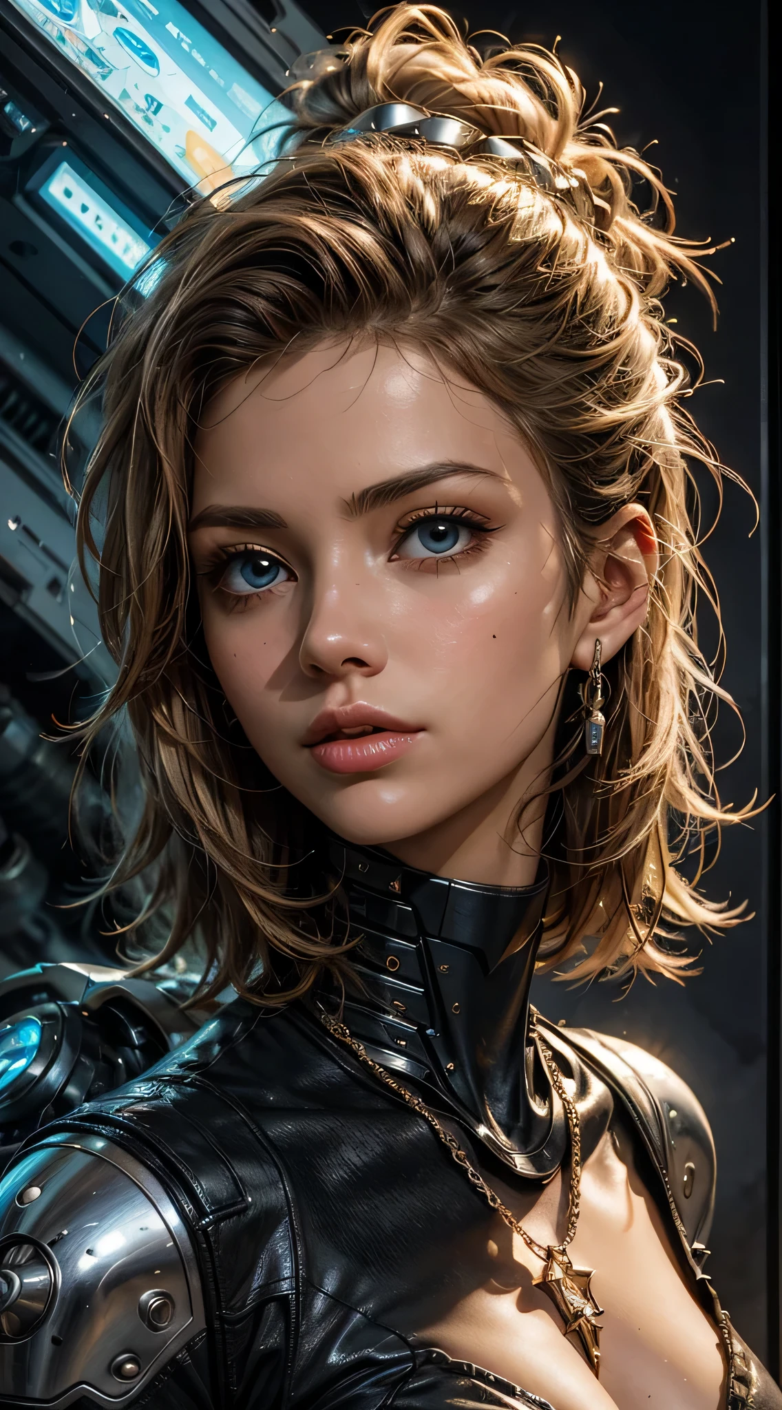 a close up of a woman with a futuristic headpiece and a necklace, intricate transhuman, detailed portrait of a cyborg, cyborg - girl, portrait of a cyborg queen, cybernetic machine female face, cyborg woman, cyborg girl, intricate cyborg, intricate wlop, portrait of a cyborg, intricate face, cyborg portrait, portrait of a female android