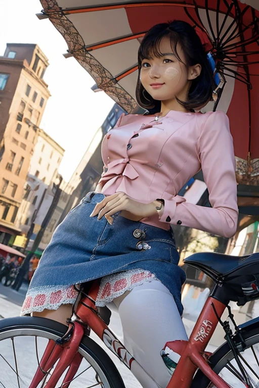 SFW, (1.femele, Solo),8K, ((masutepiece)),(((top-quality))),((Ultra-detailed)),((((Realistic)))), Photorealsitic:1.37, (A hyper-realistic), (hight resolution), (ighly detailed), (The best illustrations), (ultra-detailliert), (详细的脸), (Beautiful expression), ((Details Top quality skins:1.2)), ((Moisturizing skin)), ((Reddish blush)), (hyper detailed background, Detailed background), ((From below:1.2)), Look at viewers, A woman riding a bicycle and showing a refreshing smile, The skirt is boldly pulled up, Blazer jacket, white shirt with lace decoration, white panties decorated with lace, Light brown pantyhose, Red Pin Heels, Spread your legs a little and you can see the base of your crotch.., Beautiful city streets, Low angle shooting, Hold the steering wheel and pose, Photographed from the front wheel side of the bicycle,