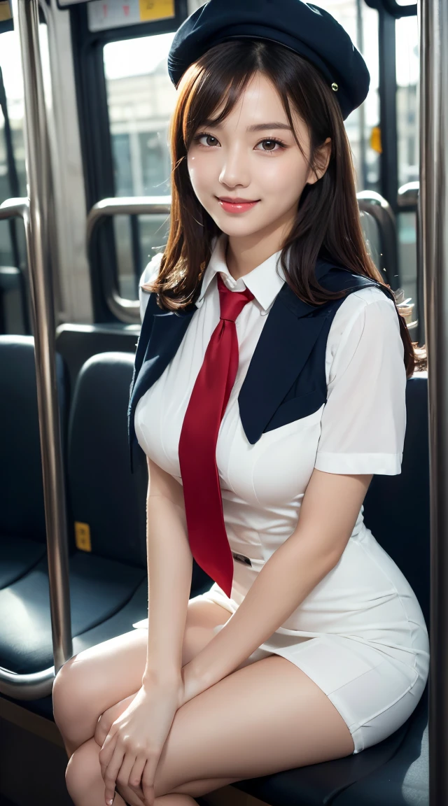 (((full body,including legs)))、(((perfect uniform of Japanese stewardess, blue striped necktie, vest-dress uniform、small hat, white formal short gloves,(black high-heel), ((with a mini mic in her hand))),bus guide,日本のバスガイド、little smile,white blouse,tight blouse)))、(((navy bowler hat),navy hat)), white gloves, short gloves, high heel、Dressed up、(Photo real:1.4)、(A hyper-realistic:1.4)、(Photorealistic:1.3)、 (gentle lighting: 1.05)、(Improve the lighting quality of your video:0.9)、32k、 1Girl、28years old girl、photorealistic lighting、Back lighting、Facial Lights、Ray Trace、(bright:1.2)、(Increase quality:1.4)、 (best quality real texture skin)、Fair eyes,Delicate and delicate face, Close-up of the breasts, white blouse,tight blouse,tight vest-dress uniform, (Bodyline mood improvement:1.1)、goofigure,Glossy skin、wavy hair,blonde hair,韓国アイドル、乃木坂アイドル、Sculptural Idol Pose、little smile,blush,Beautiful actress、Neat woman,whole body, (((midium breasts,beautiful breasts))),(perfect row of teeth),slender waist and hip,beautiful long legs,full shot)、((8heads tall)、(((誘惑している、恥ずかしい)))、dynamic pose,gravure pose,(eye shadow),((red cheek、red lips)),Super Clean Night View、night time、blush,little smile,(((full shot)))、(((in the bus))),