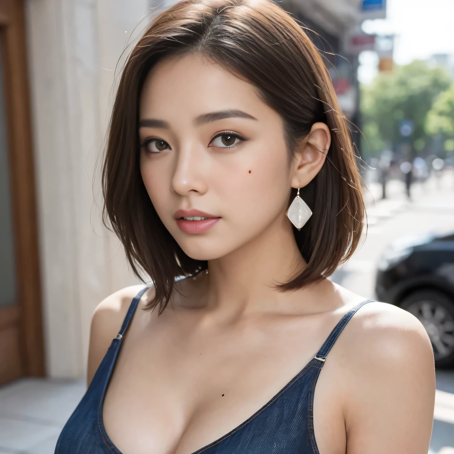 1 girl, alone, looking at the audience,short hair, brown hair, shirt, black hair, bare shoulders, brown eyes, jewelry, Upper body, earrings, parted lips,healthy teeth, mole, vague, lips, mole under eye, vague background, white shirt, actual,nose,Sexy collarbone,Real skin texture 32K clear skin pores,Standing in the bustling commercial street, wearing jeans,sunny