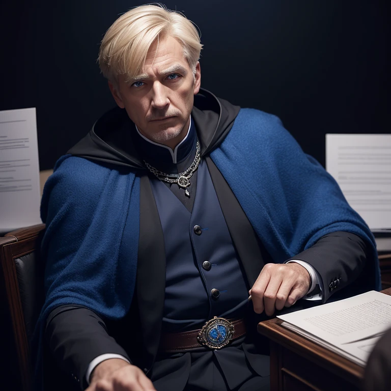 An older man in his forties, with short Blond hair neatly pushed back ,(without facial hair), blue sharp eyes and sharp nose, wearing an expensive royal blue cloak ,((sitting at his dark office,with low lighting)),frown expression