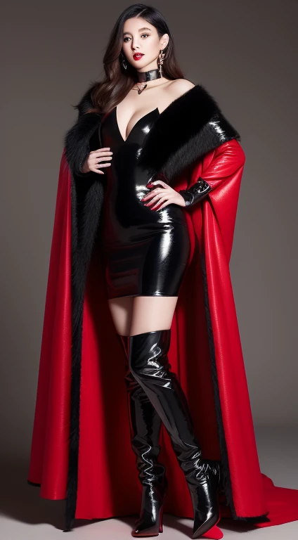 asian beauty,be realistic,red sequin high-legs dress,A super long black fox fur vampire cloak that wraps around her body with fur collar,cape,spreding cloak,cape,Black thigh-high boots with stiletto heels, Are standing,frontage,full body image