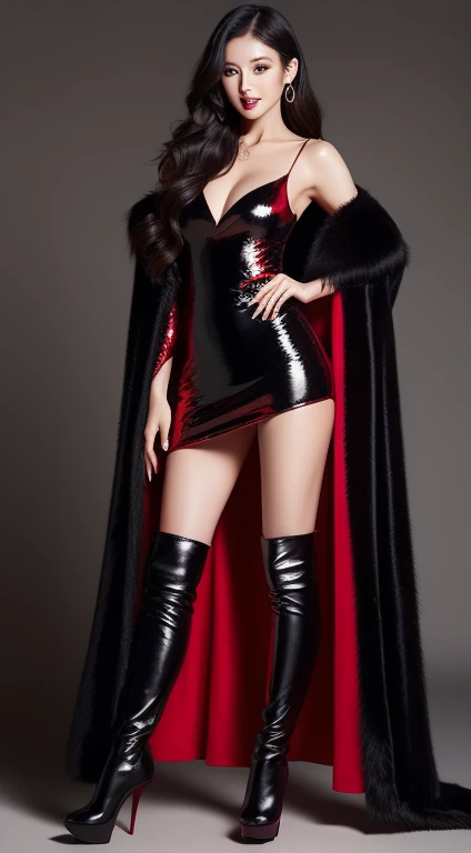 asian beauty,be realistic,red sequin high-legs dress,A super long black fox fur vampire cloak that wraps around her body with fur collar,cape,spreding cloak,cape,Black thigh-high boots with stiletto heels, Are standing,frontage,full body image