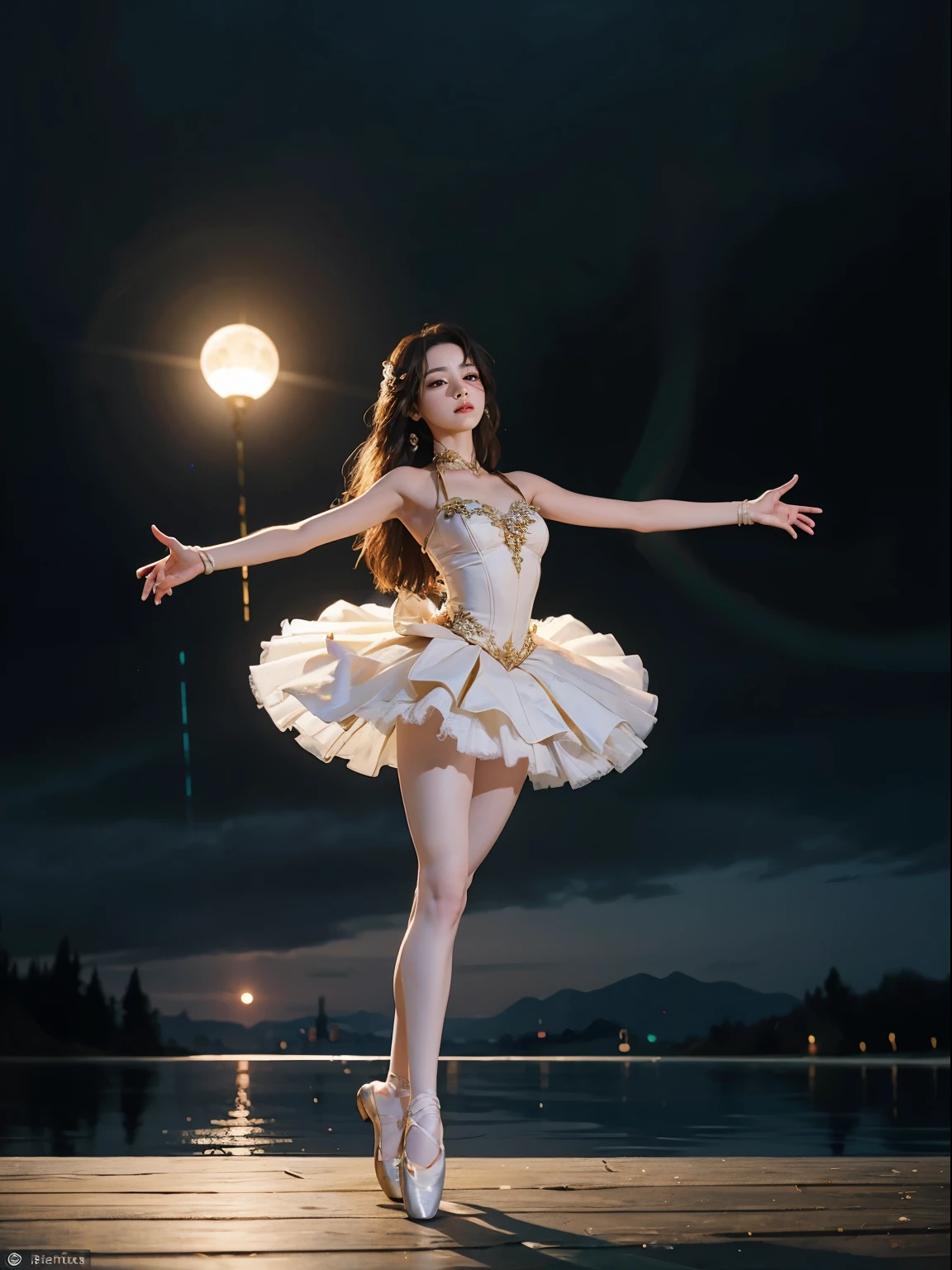 fantasy, high quality, 8K, realistic,photo realistic,RAW photo,photography,High resolution, ultra-definition, highest quality,Dramatic lighting, glitter effect, from below, midnight, moonlight, ballet、Swan Lake、深い森の中の湖、full body,break,
神秘的な湖の上で月光を浴びて優雅にバレエを踊るプリマドンナの少女、Arabesque pose、孤独、1 girl、((luxurious and delicate white tutu)),semi-long hair,black hair,black eyes、綺麗な足、Ballet Pointe Shoes,