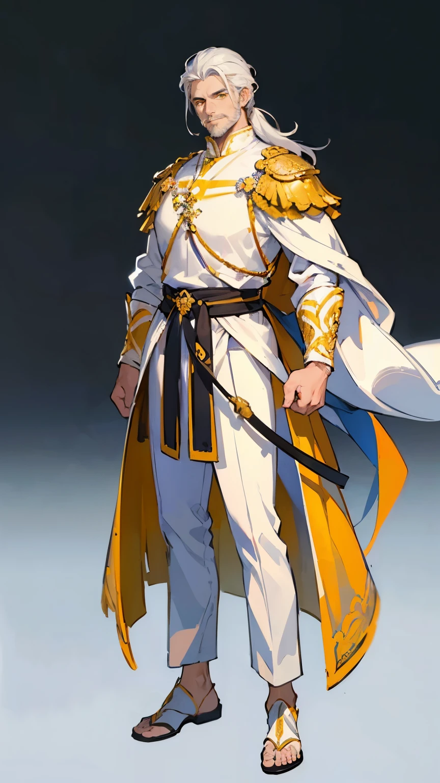((masterpiece,best quality,8k,highres)),((character concept art)), 1 male, middle-age adult male, Emperor, God, 328 cm height, male medium length hair, big back head hairstyle (white hair colour), ultra finely detailed eyes ((yellow eyes colour)), extraordinary handsome, charming, smirk smile, stubble beard, incredible body build ((muscular)), ((intricate detail)), super finely detailed hands, ultra finely detailed fingers(((ten fingers))), full emperor outfit (white outfit colour), (standing still), (full body showcase), (show full body), (no logos on background), (no logo), ((plain background)), ((plain background)), (((empty background)))