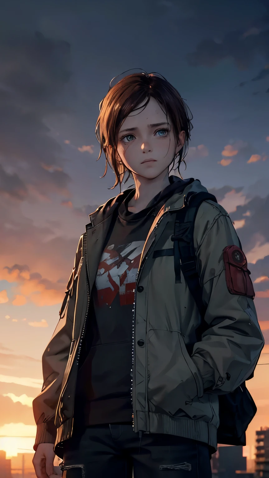 (masterpiece, best quality) tall woman, solo, medium short hair, messy hair, straight hair, brown hair, brown eyes, Ellie Williams, blood on clothes, standing, (Dirty gray coat, black torn pants), dirty backpack on the back, sad look, red cheeks, looking at viewer, 16k, camera on face, sharp focus, dramatic lighting, drop shadow, anime style, shine, digital illustration, anatomically correct, Pov, in the center of the image, wallpaper, HDR, Ray Traced Image, beautiful detailed face, beautiful detailed eyes, High Detail Skin, Visible Pores, sharp focus, abandoned city, sunset, focus on face