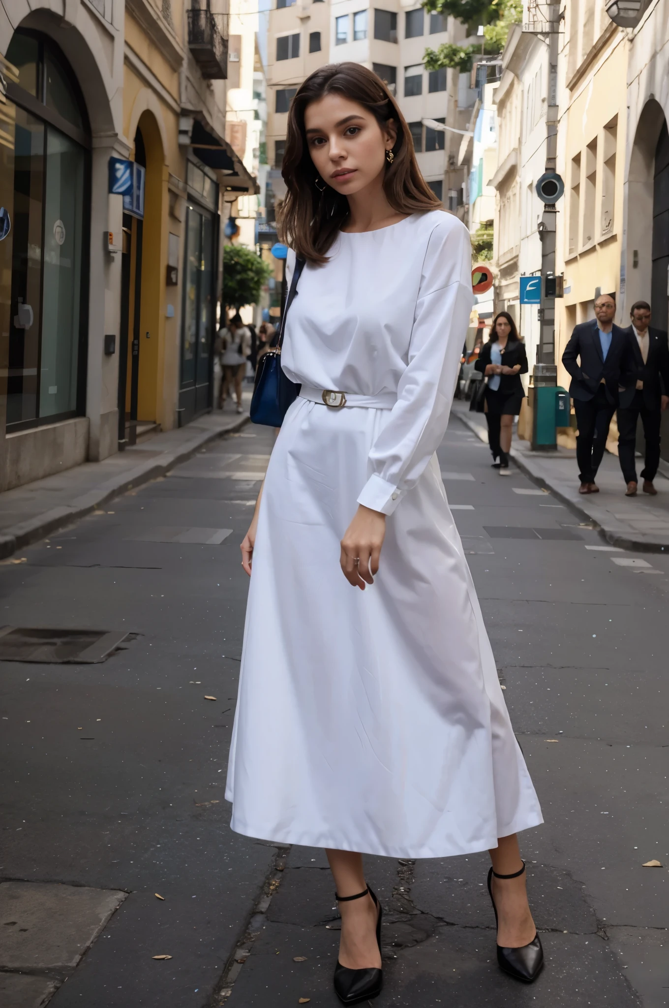 ela esta na rua, esta vestida com uma roupa executiva na cor azul, She looks like a successful businesswoman