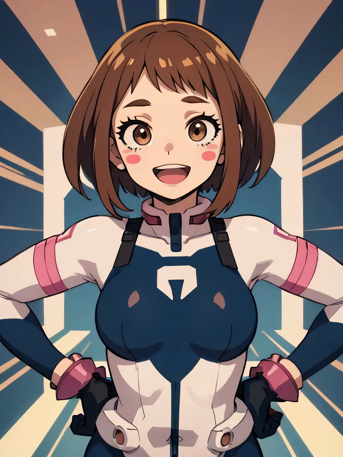 , ochako uraraka,brown hair,brown eyes, short hair, 1girl, (bodysuit, super hero, gloves), abstract background, smile :D, blush stickers, medium shot,