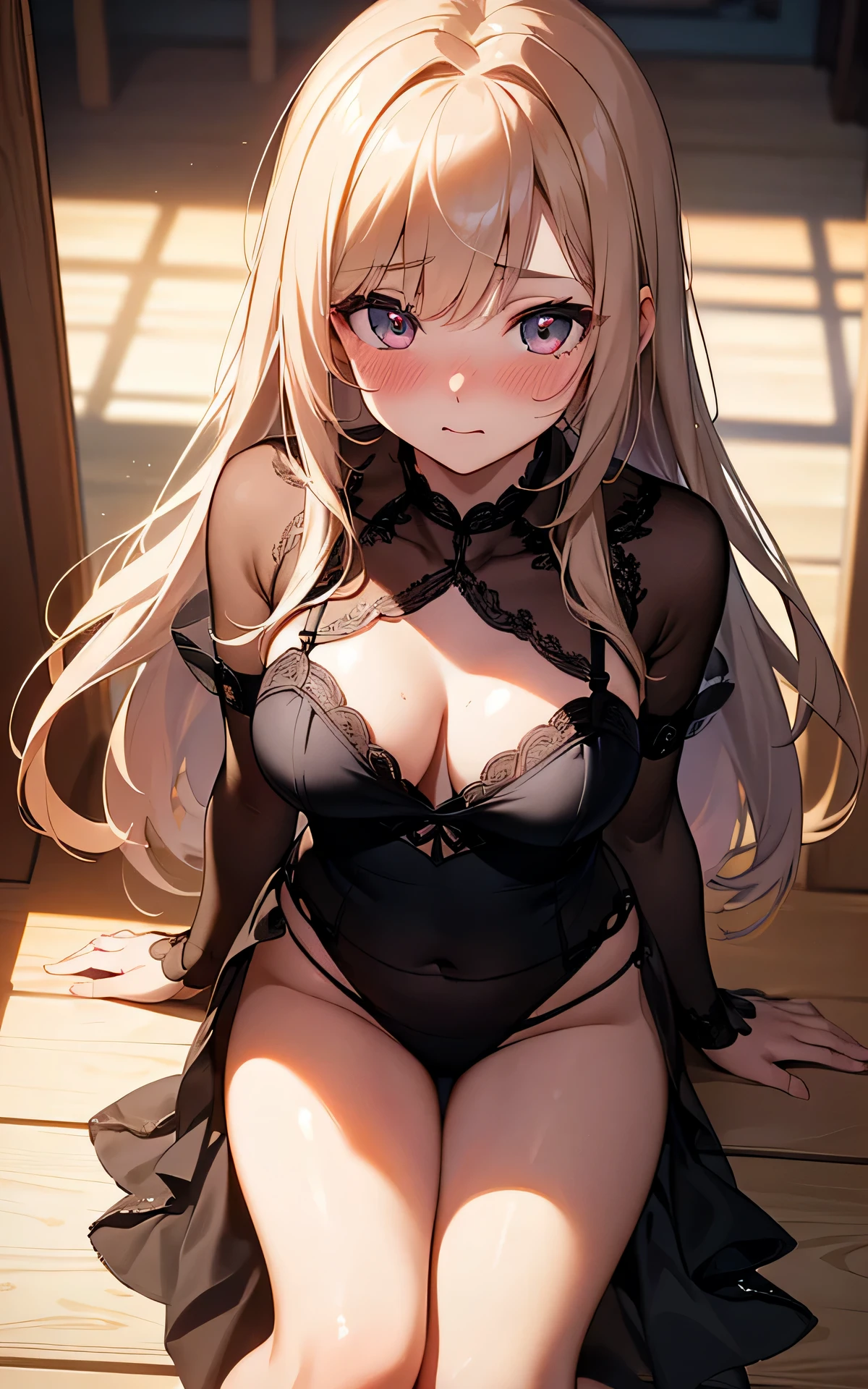 (Unity 16K Wallpaper, Masterpiece, Best Quality, Ultra Detailed, Extremely Detailed CG, Ultra High Resolution, Caustics, Detailed, Beautiful Detailed Eyes, solo, curby:1.3, negligee, full-face blush, embarrassed, from above,), fine skin,